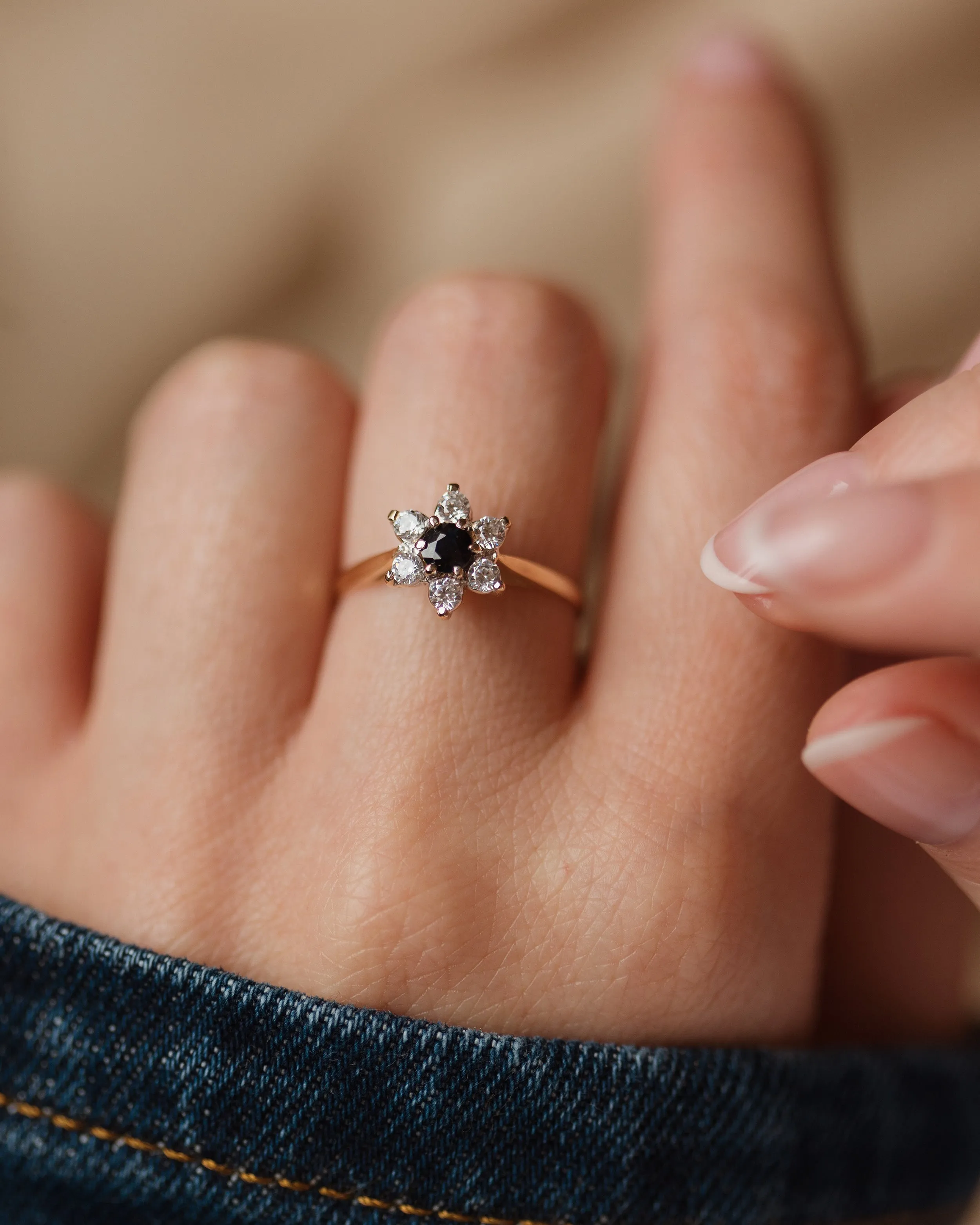 Sylvaine 1982 Vintage 18ct Gold Sapphire & Diamond Cluster Ring sold by Rock n Rose