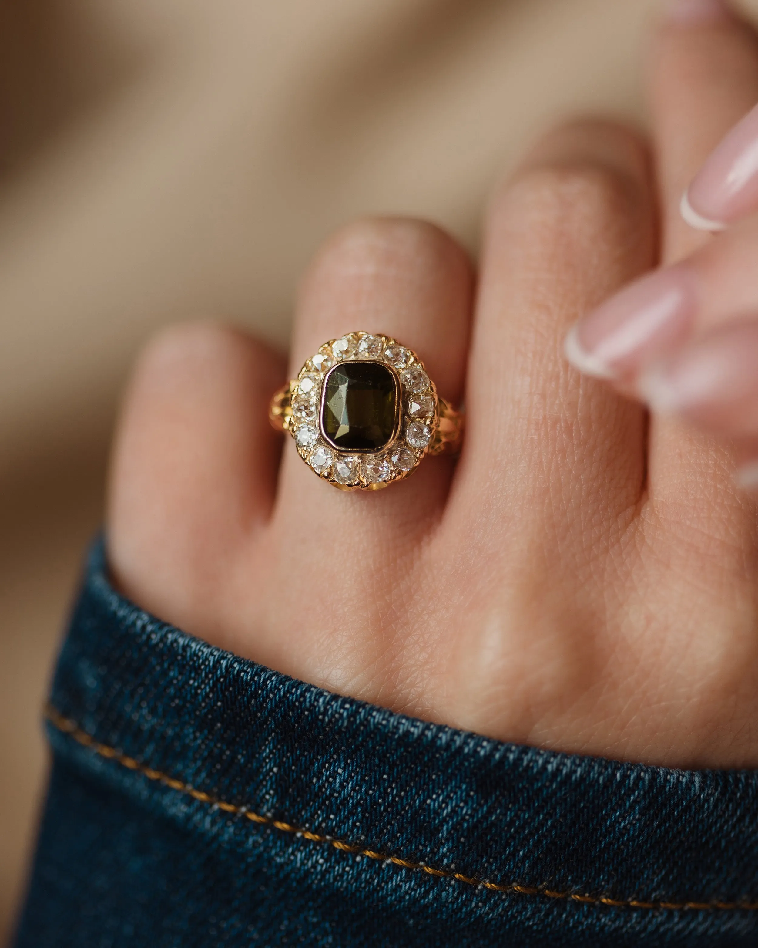 Maeve Antique 18ct Gold Tourmaline & Diamond Cluster Ring sold by Rock n Rose