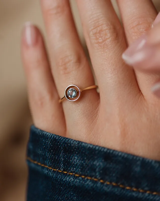 Eimear Antique Art Deco 18ct Gold Aquamarine Target Ring sold by Rock n Rose