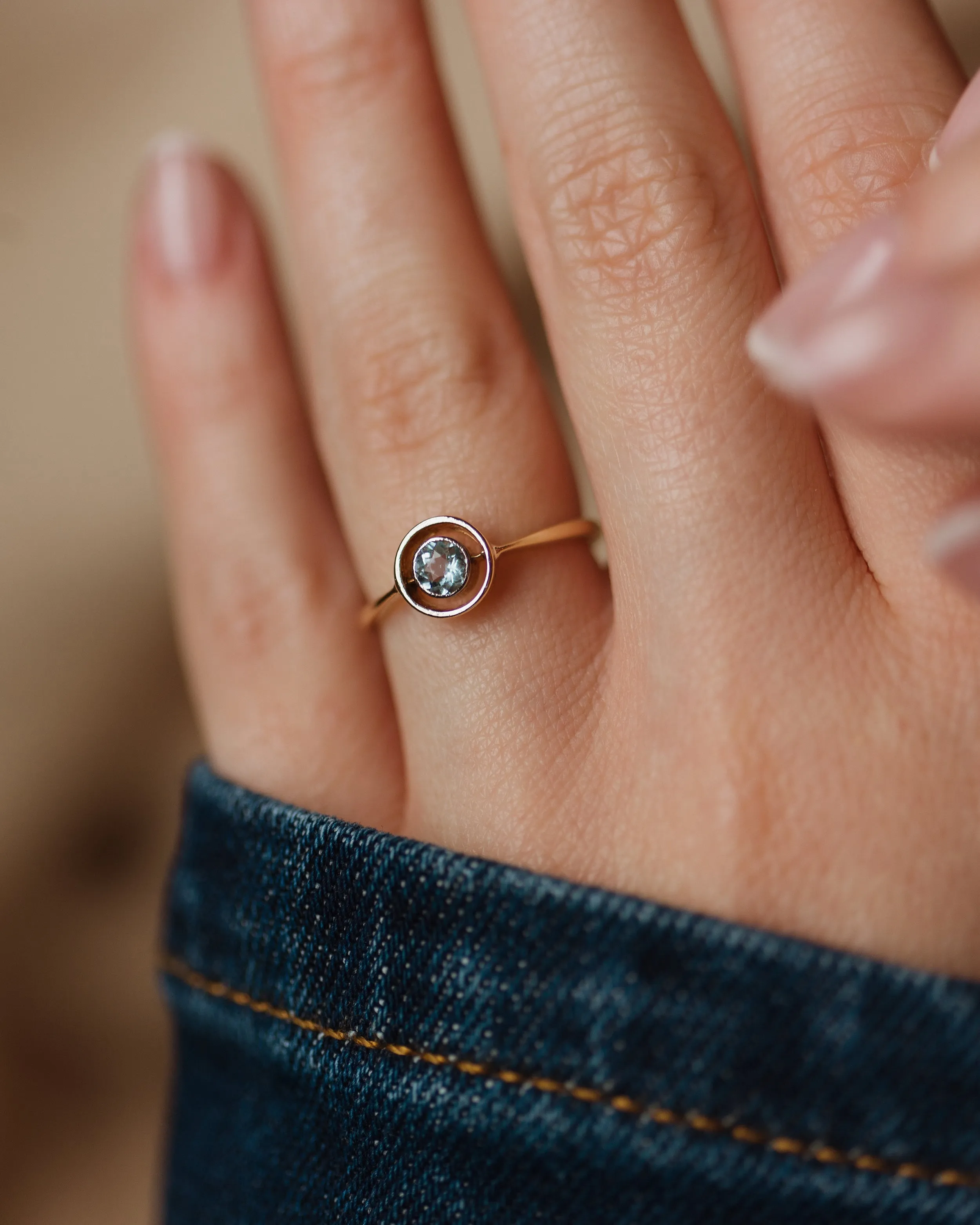 Eimear Antique Art Deco 18ct Gold Aquamarine Target Ring sold by Rock n Rose