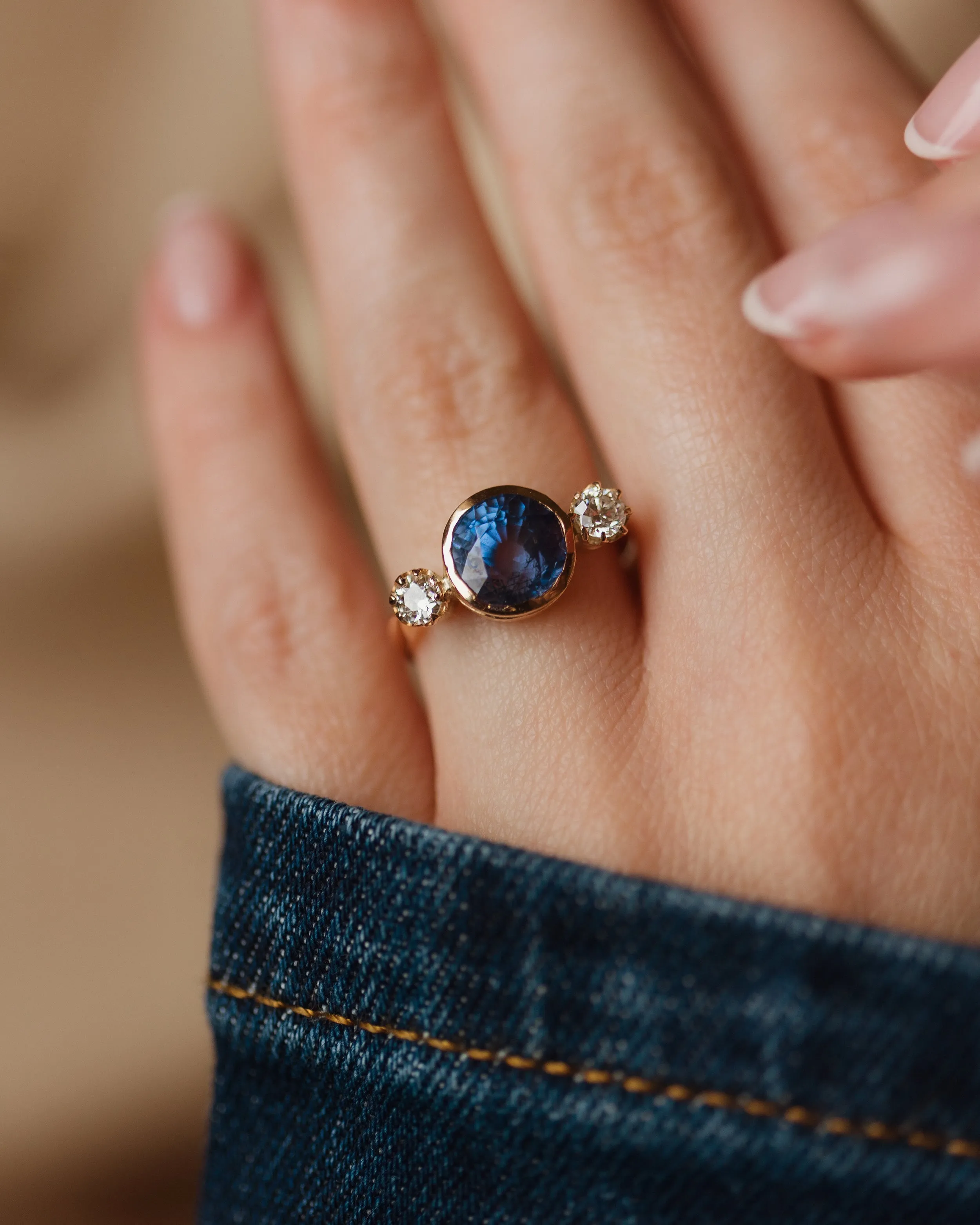 Thomassine Antique 18ct Gold Sapphire & Diamond Trilogy Ring sold by Rock n Rose