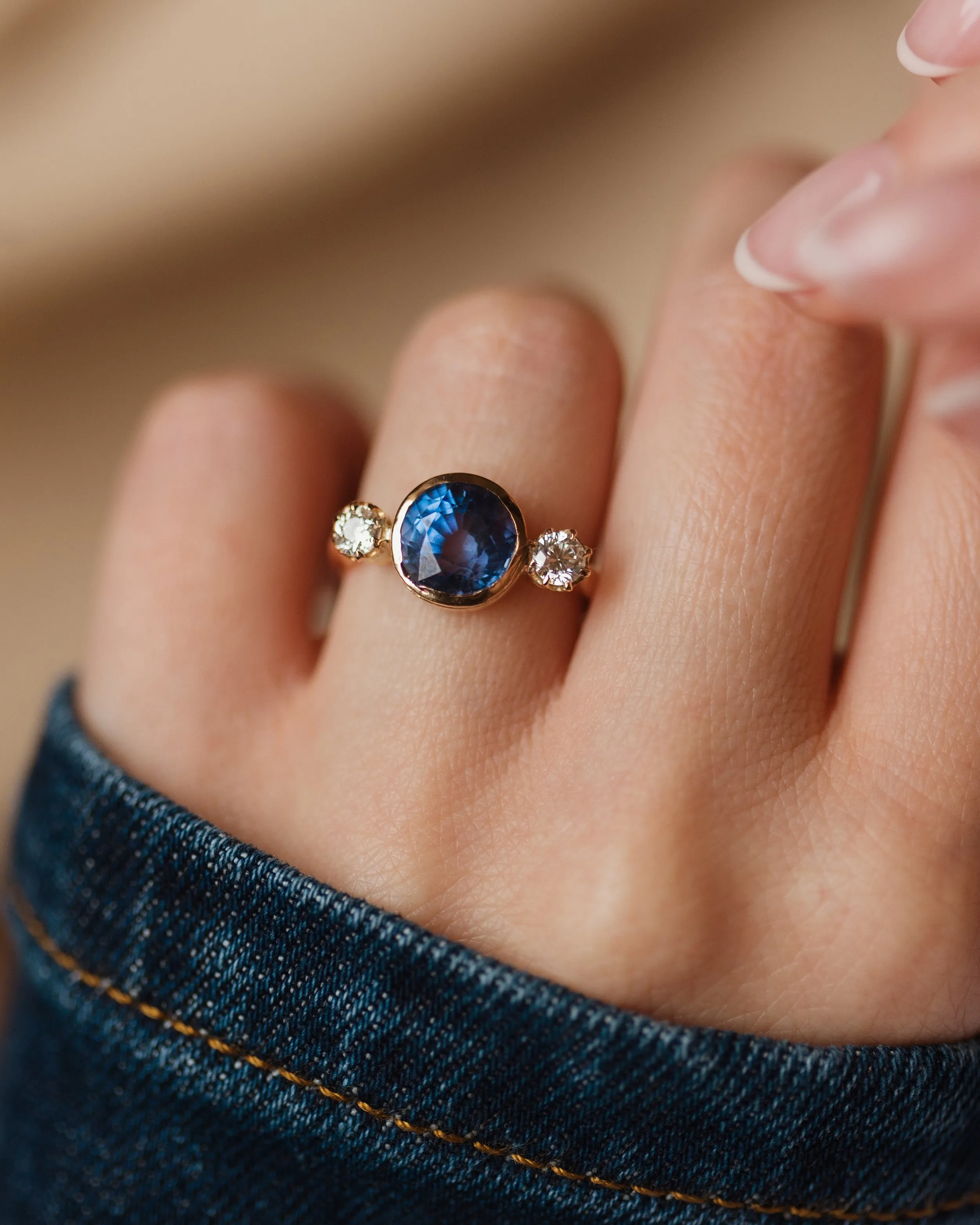 Thomassine Antique 18ct Gold Sapphire & Diamond Trilogy Ring sold by Rock n Rose product image thumbnail 4