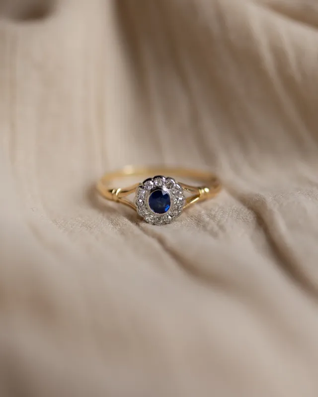 Claudette Antique 18ct Gold Sapphire & Diamond Cluster Ring made by Rock n Rose