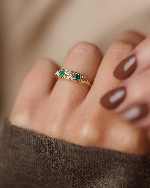 Clover Antique 18ct Gold Emerald & Diamond Five Stone Ring made by Rock n Rose