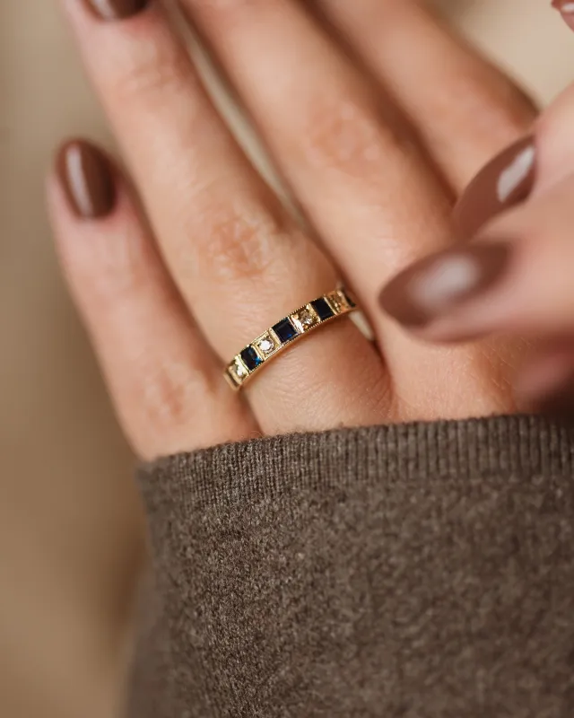 Cora 1976 Vintage 18ct Gold Sapphire & Diamond Half Eternity Ring made by Rock n Rose