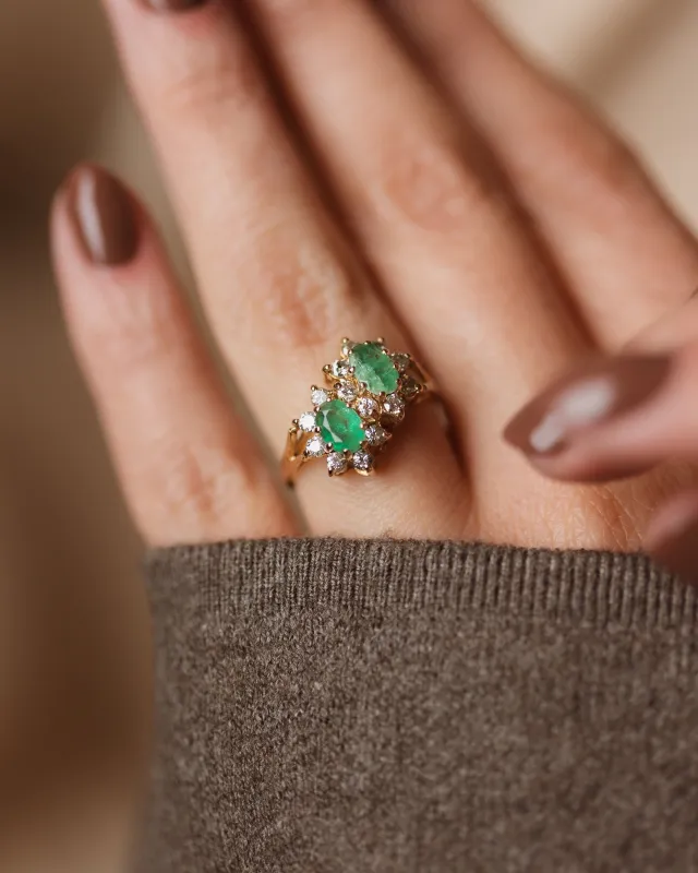 Eloise Vintage 18ct Gold Emerald & Diamond Cluster Ring made by Rock n Rose
