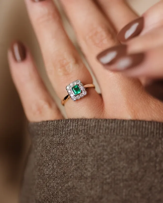 Iris Antique Art Deco 18ct Gold Emerald & Diamond Cluster Ring made by Rock n Rose