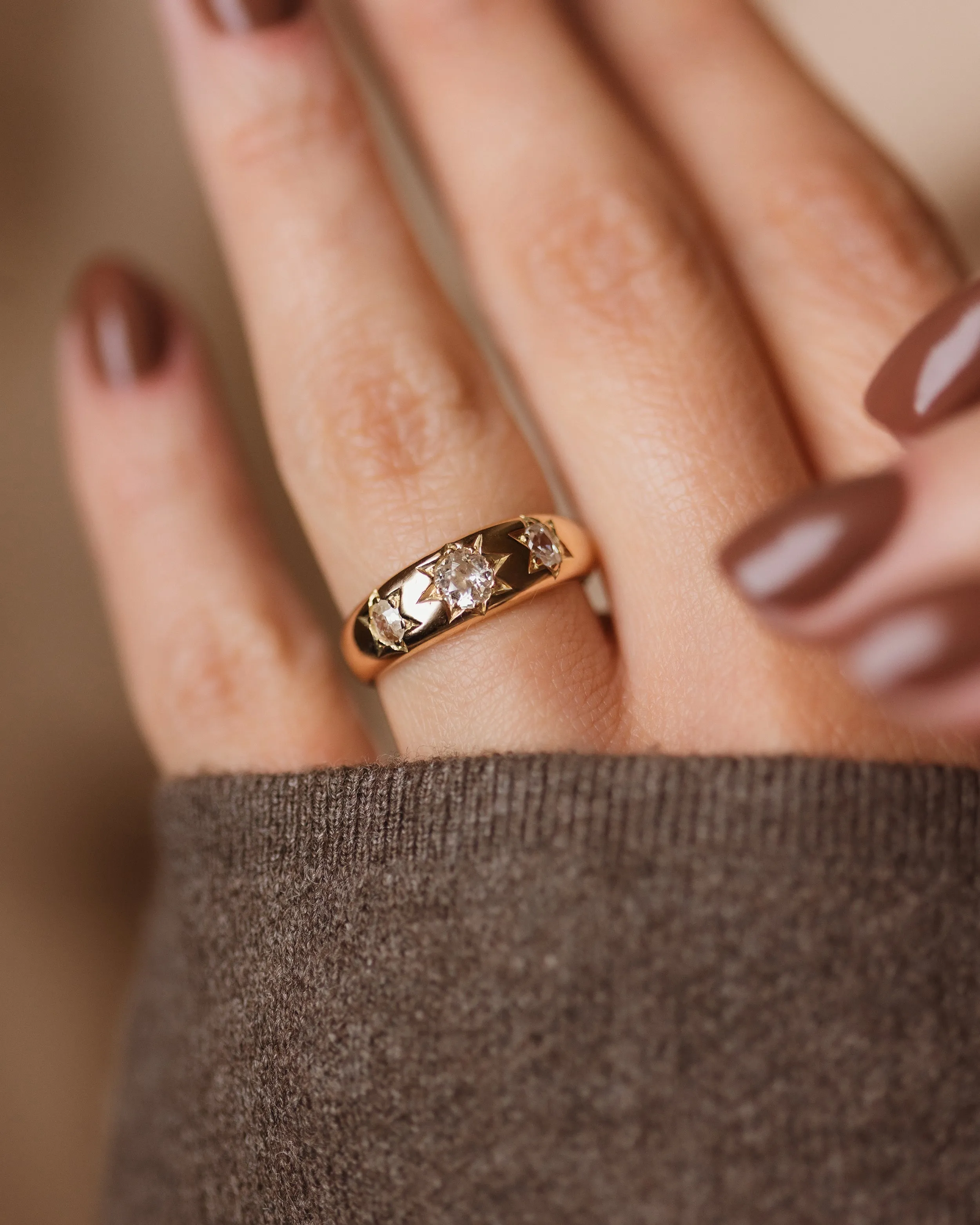 Margery Antique 18ct Gold Star Set Diamond Trilogy Ring sold by Rock n Rose