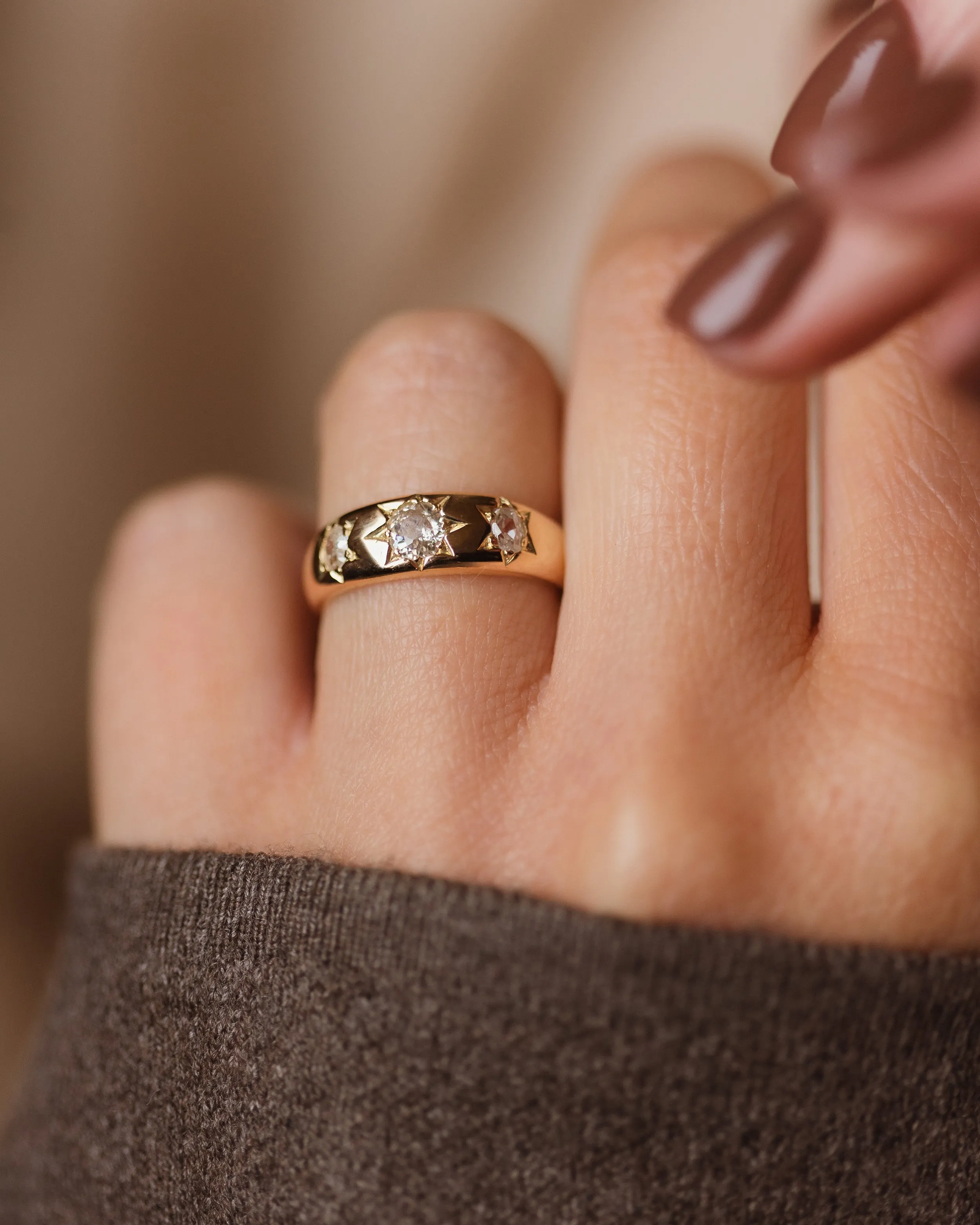 Margery Antique 18ct Gold Star Set Diamond Trilogy Ring sold by Rock n Rose product image thumbnail 3