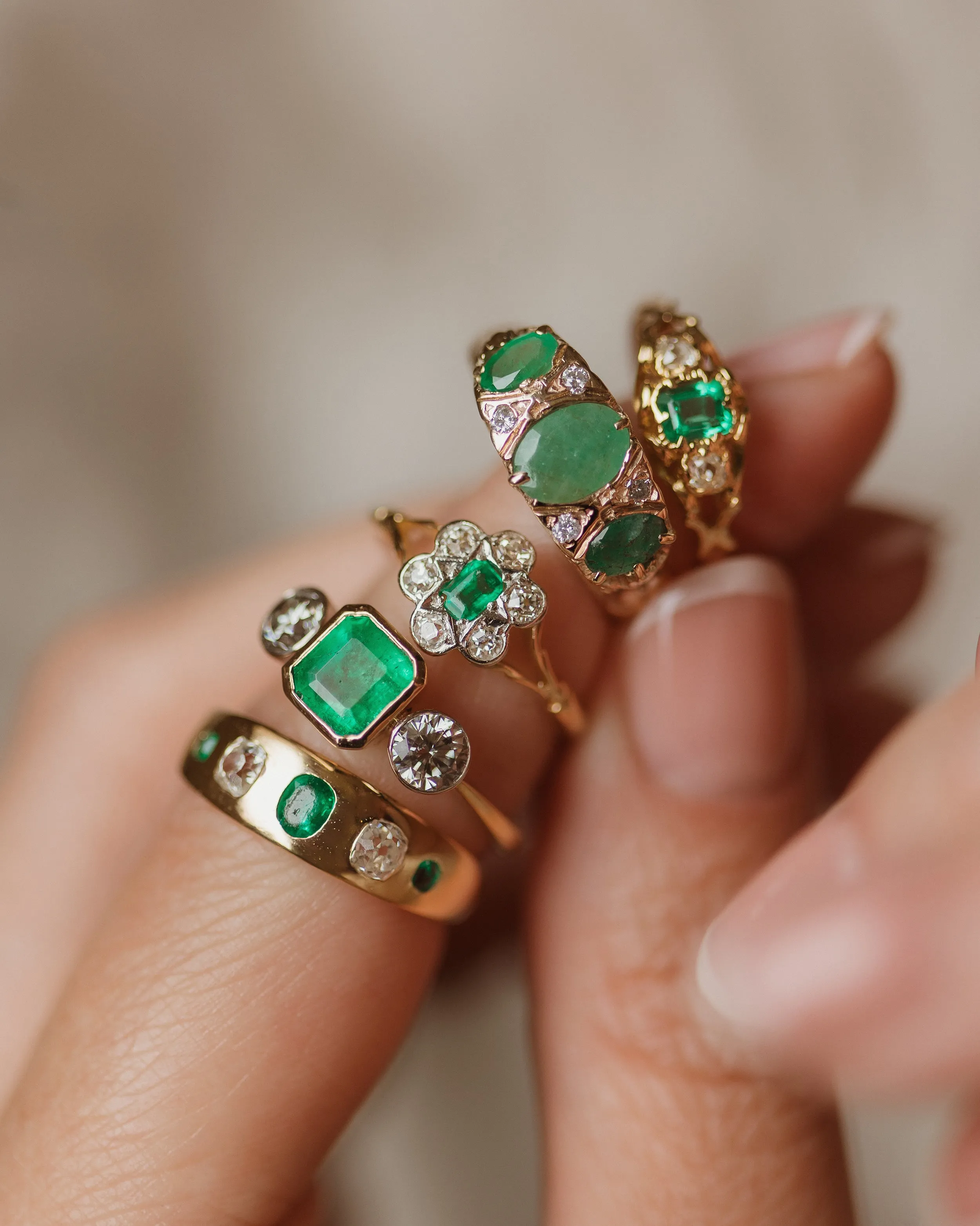 Marguerite Antique 18ct Gold Emerald & Diamond Five Stone Ring sold by Rock n Rose product image thumbnail 2