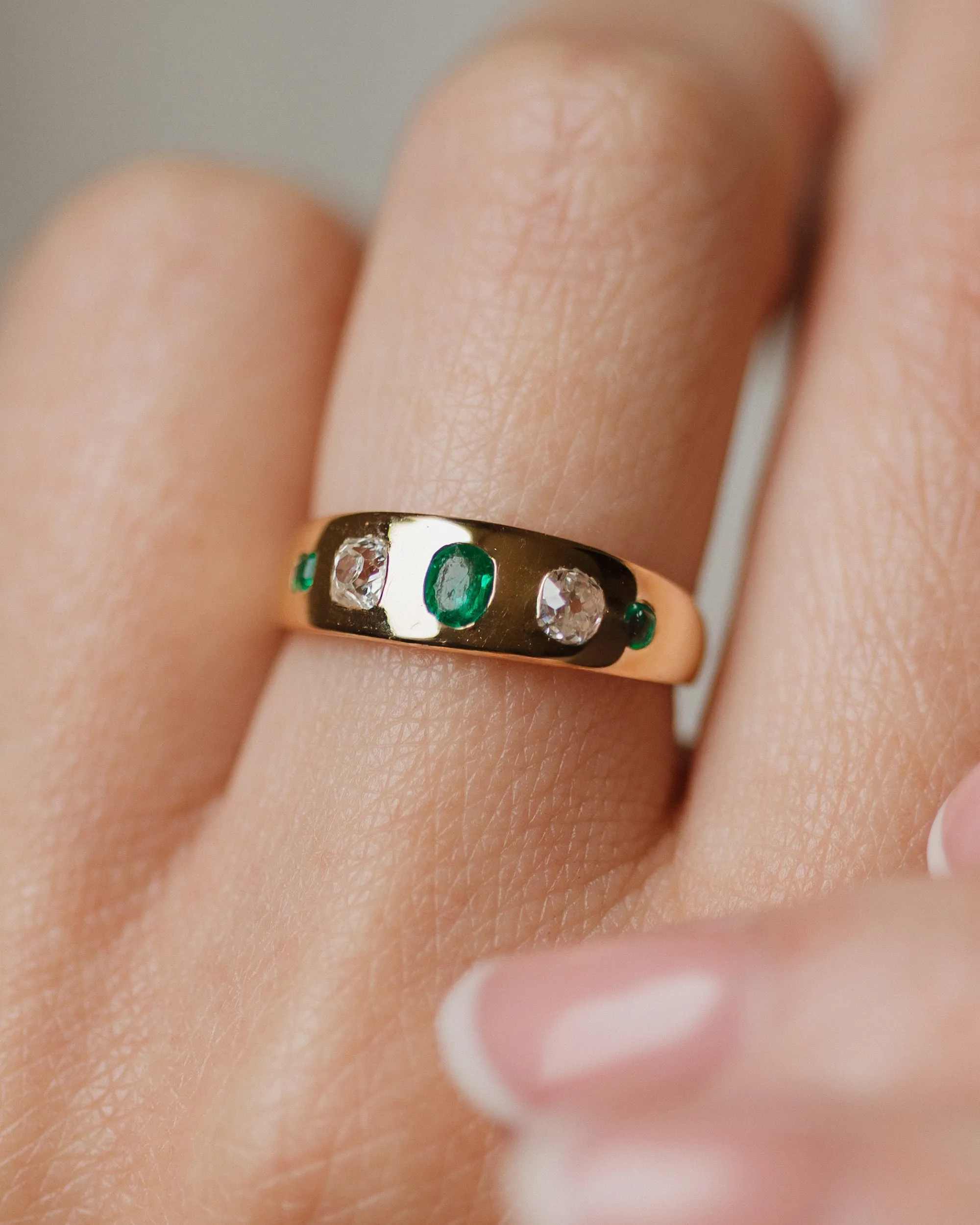 Marguerite Antique 18ct Gold Emerald & Diamond Five Stone Ring sold by Rock n Rose product image thumbnail 4