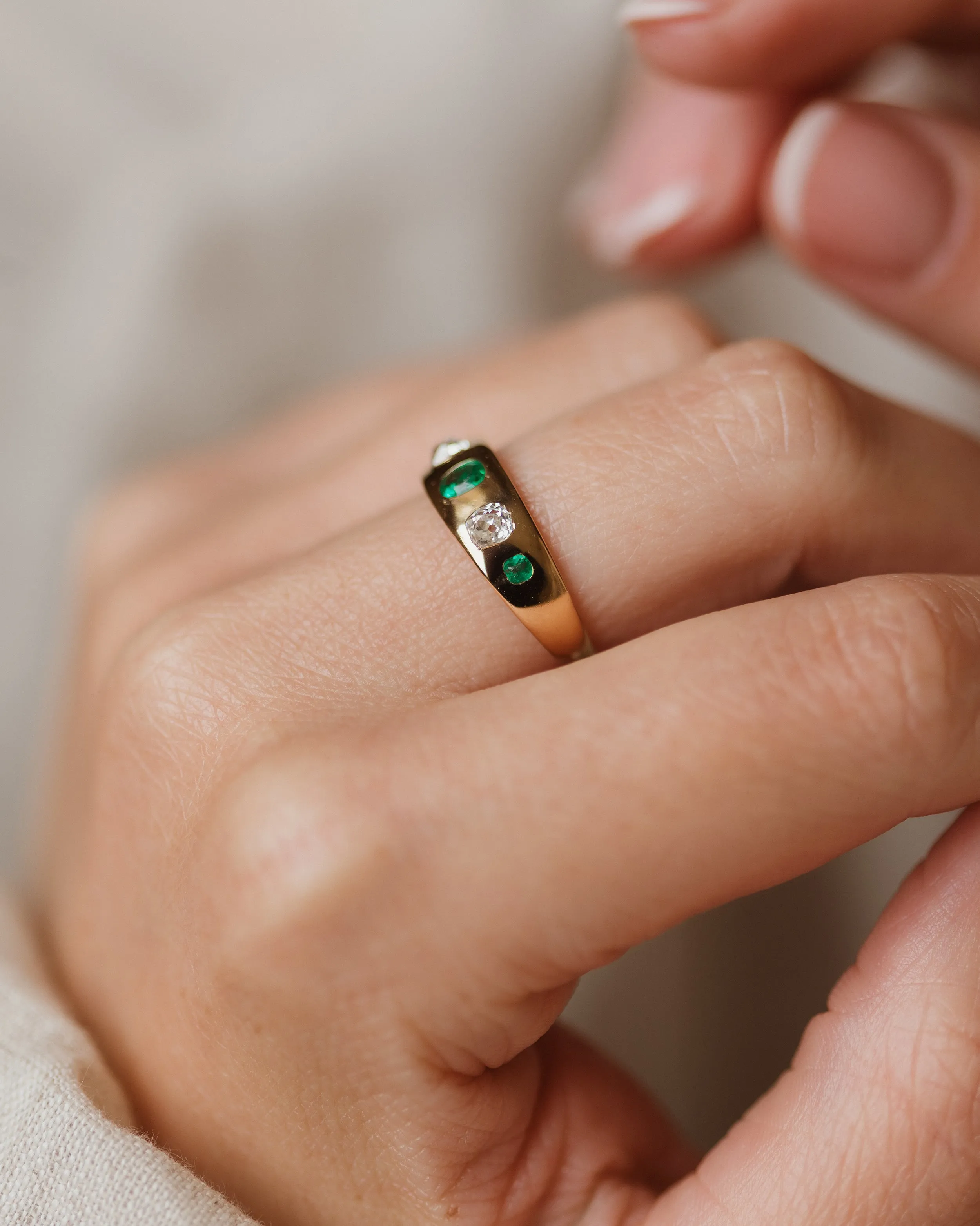 Marguerite Antique 18ct Gold Emerald & Diamond Five Stone Ring sold by Rock n Rose product image thumbnail 3