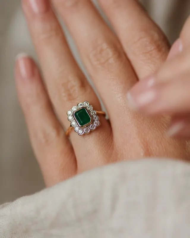 Colette 1990 Vintage 18ct Gold Emerald & Diamond Cluster Ring made by Rock n Rose