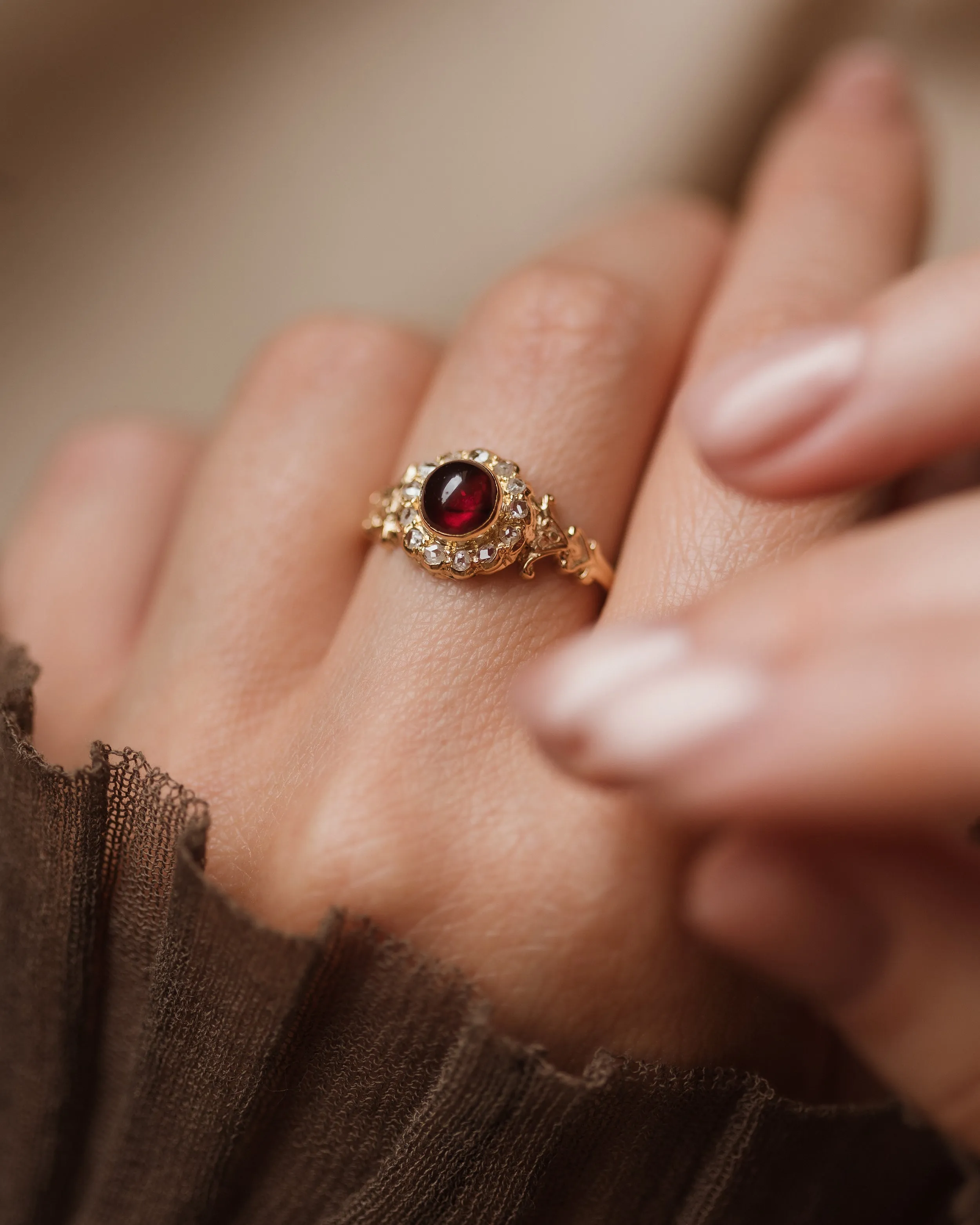 Priscilla Antique 15ct Gold Garnet & Diamond Cluster Ring sold by Rock n Rose