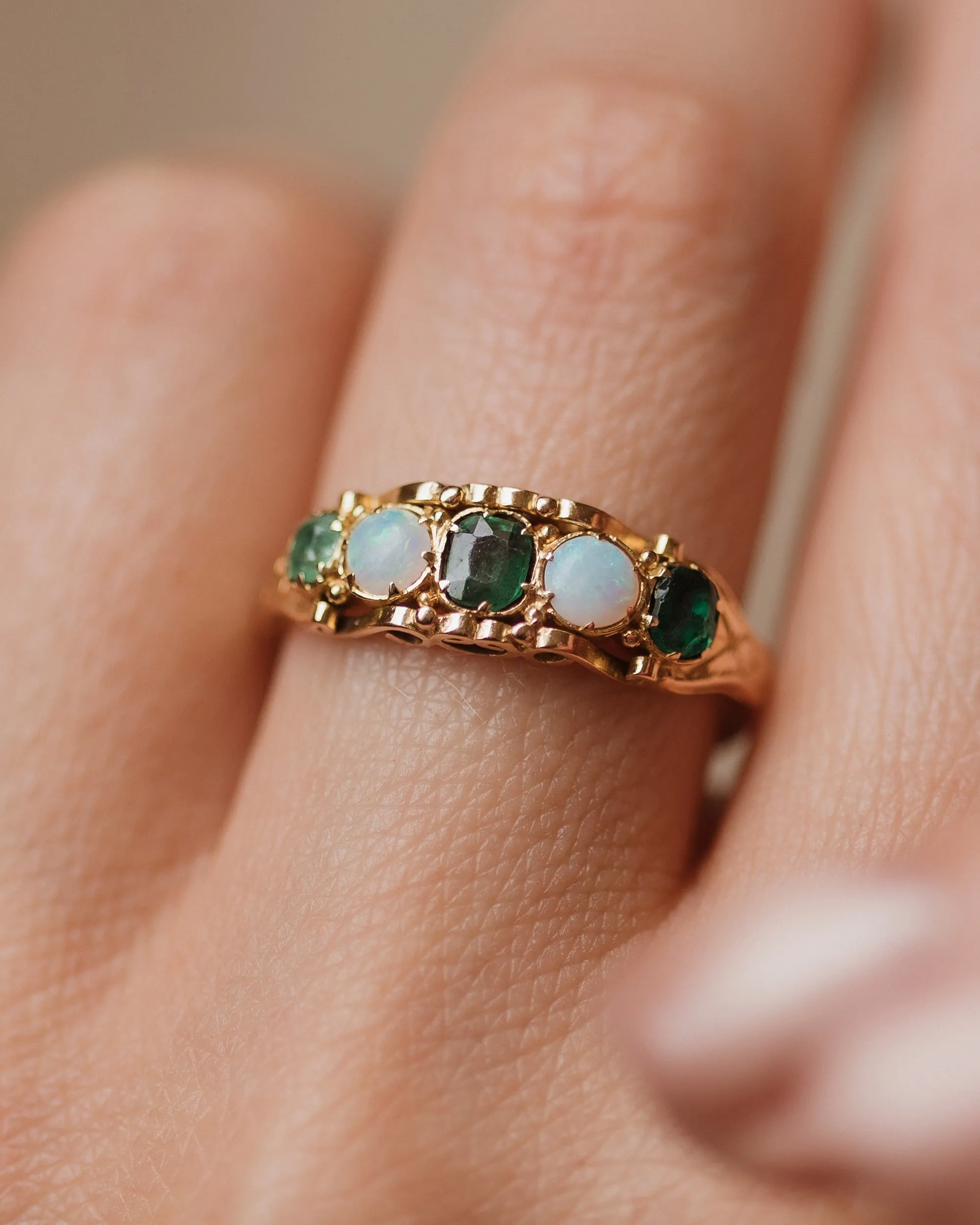 Cressida Antique Victorian 18ct Gold Emerald & Opal Five Stone Ring sold by Rock n Rose product image thumbnail 3