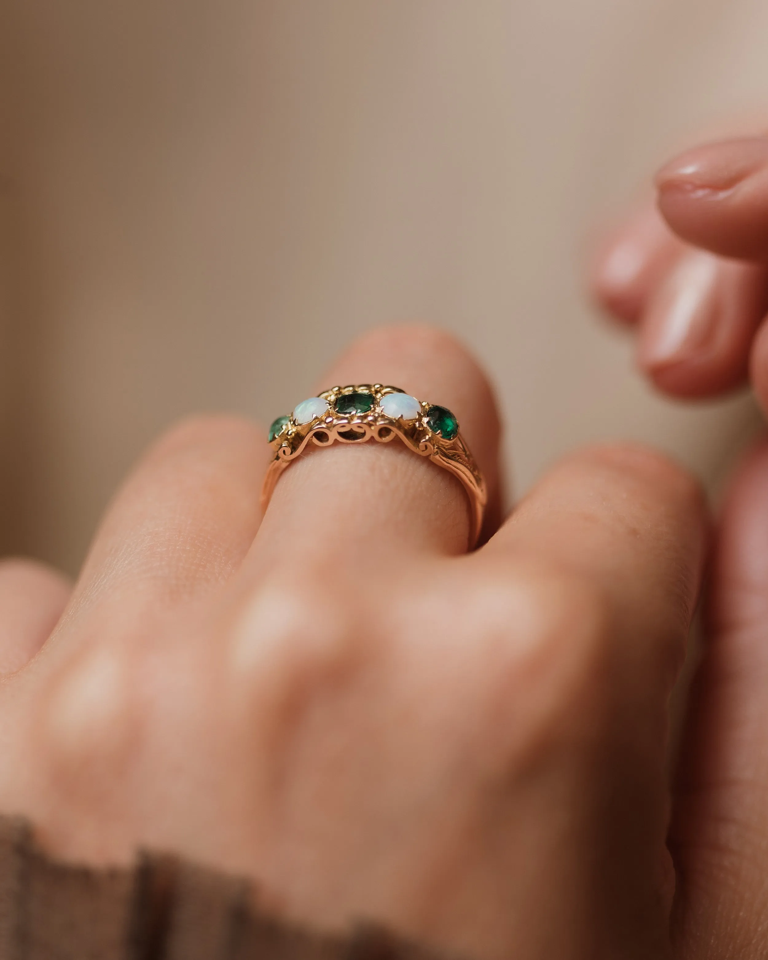 Cressida Antique Victorian 18ct Gold Emerald & Opal Five Stone Ring sold by Rock n Rose product image thumbnail 4