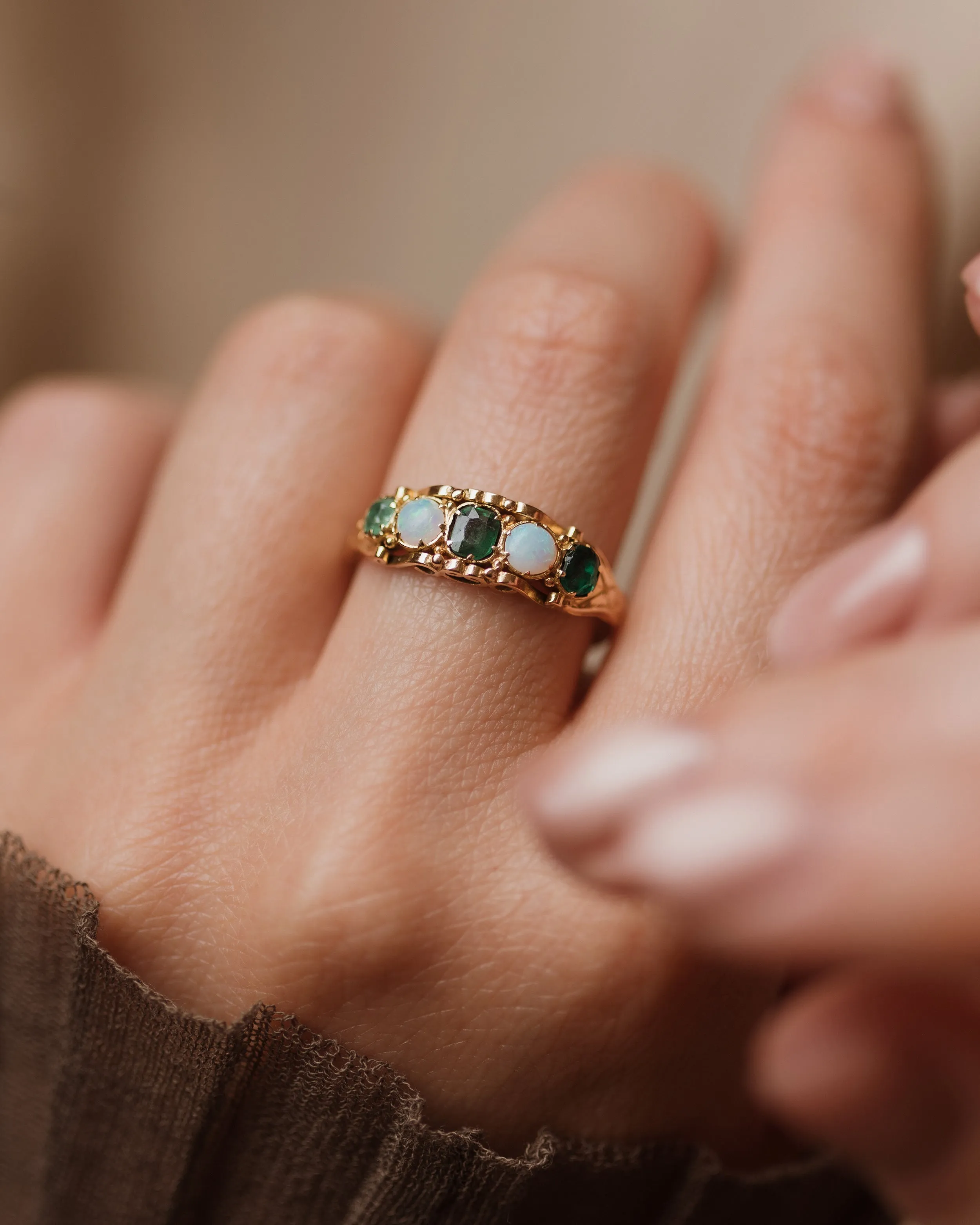 Cressida Antique Victorian 18ct Gold Emerald & Opal Five Stone Ring sold by Rock n Rose product image thumbnail 2