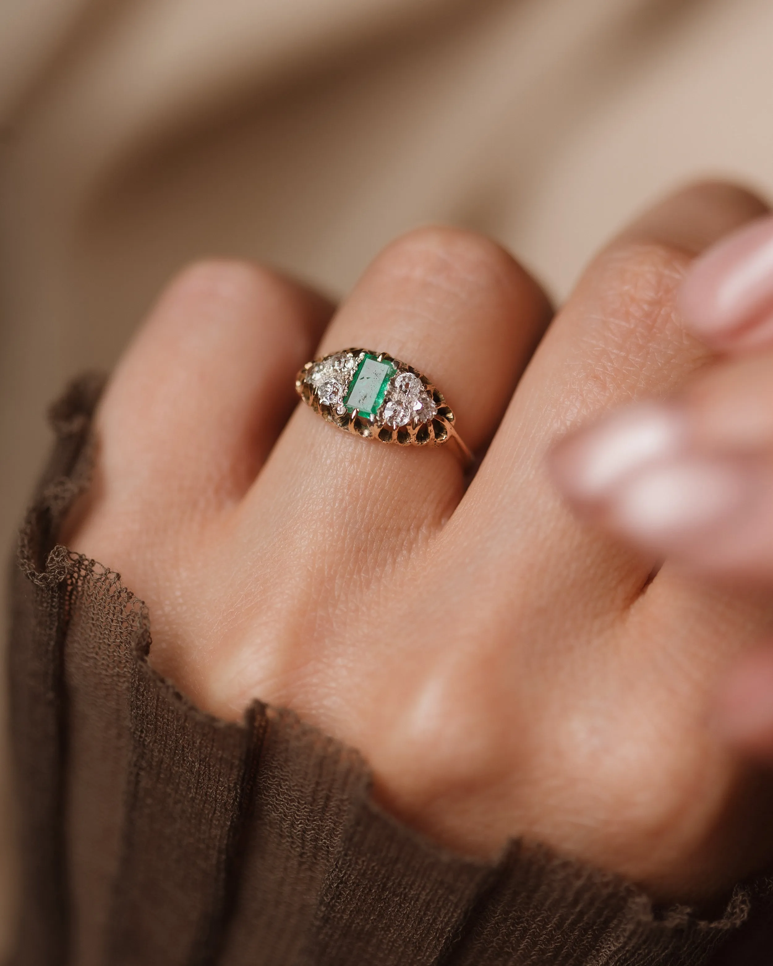 Albertina Antique 15ct Gold Emerald & Diamond Seven Stone Ring sold by Rock n Rose