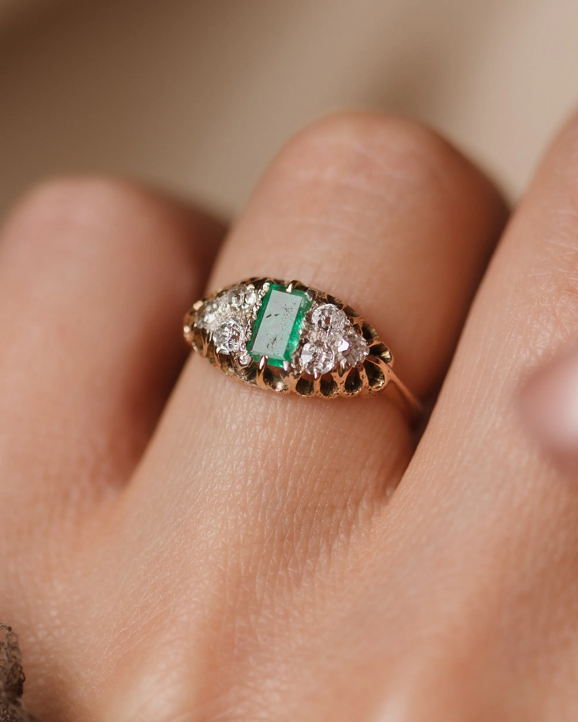 Albertina Antique 15ct Gold Emerald & Diamond Seven Stone Ring sold by Rock n Rose product image thumbnail 2