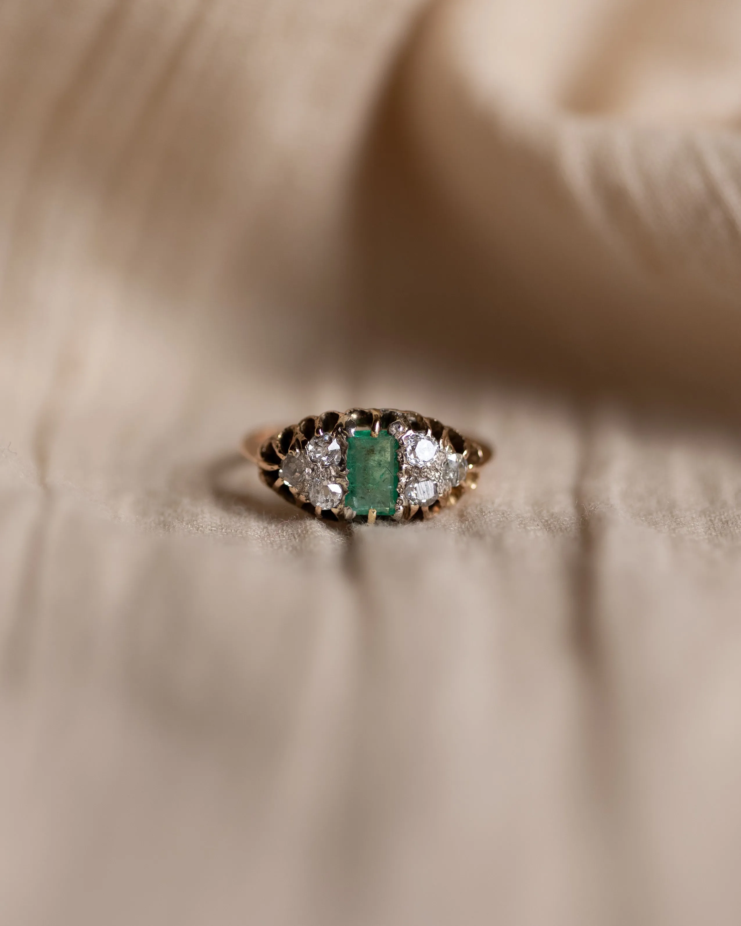 Albertina Antique 15ct Gold Emerald & Diamond Seven Stone Ring sold by Rock n Rose product image thumbnail 3