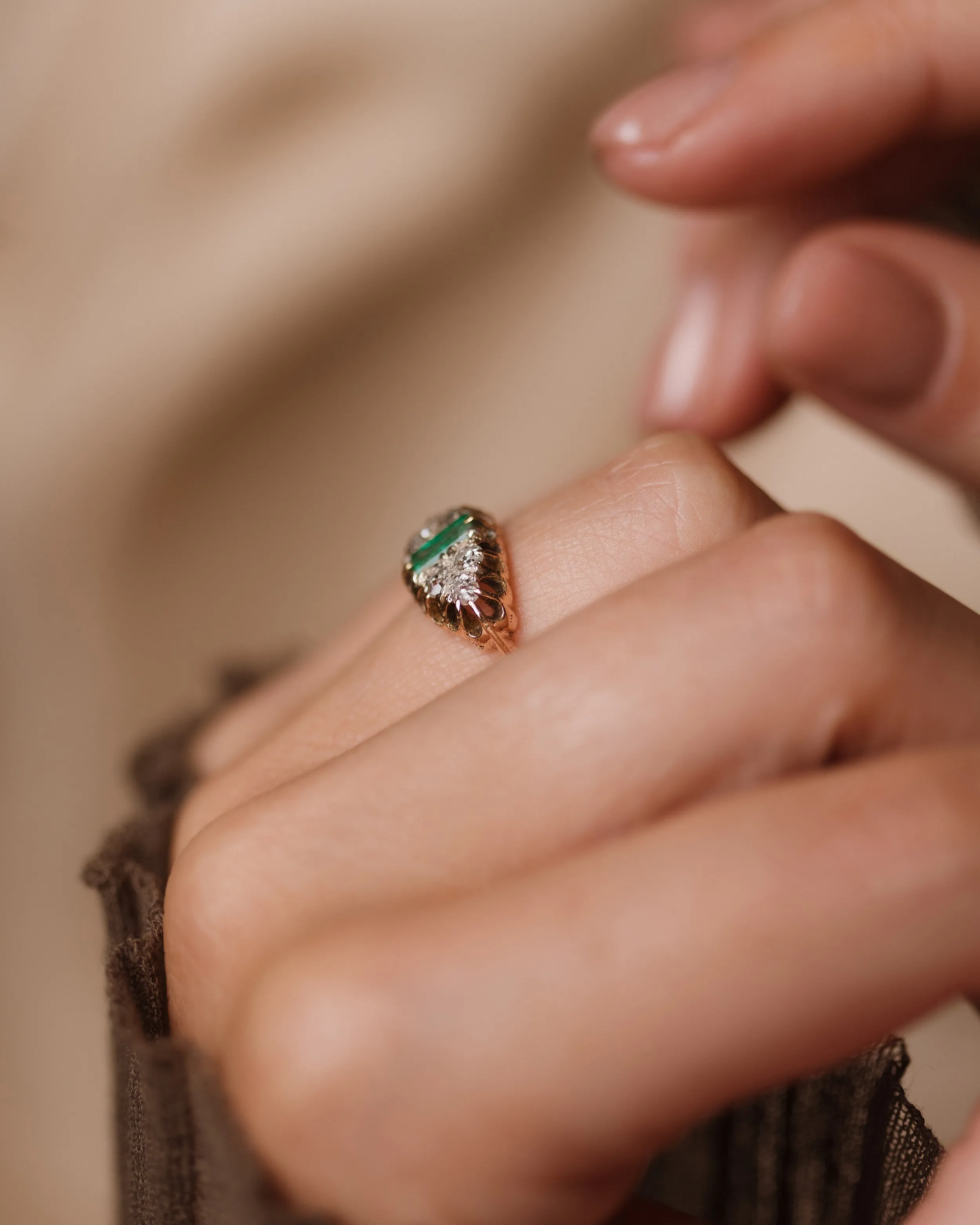Albertina Antique 15ct Gold Emerald & Diamond Seven Stone Ring sold by Rock n Rose product image thumbnail 4
