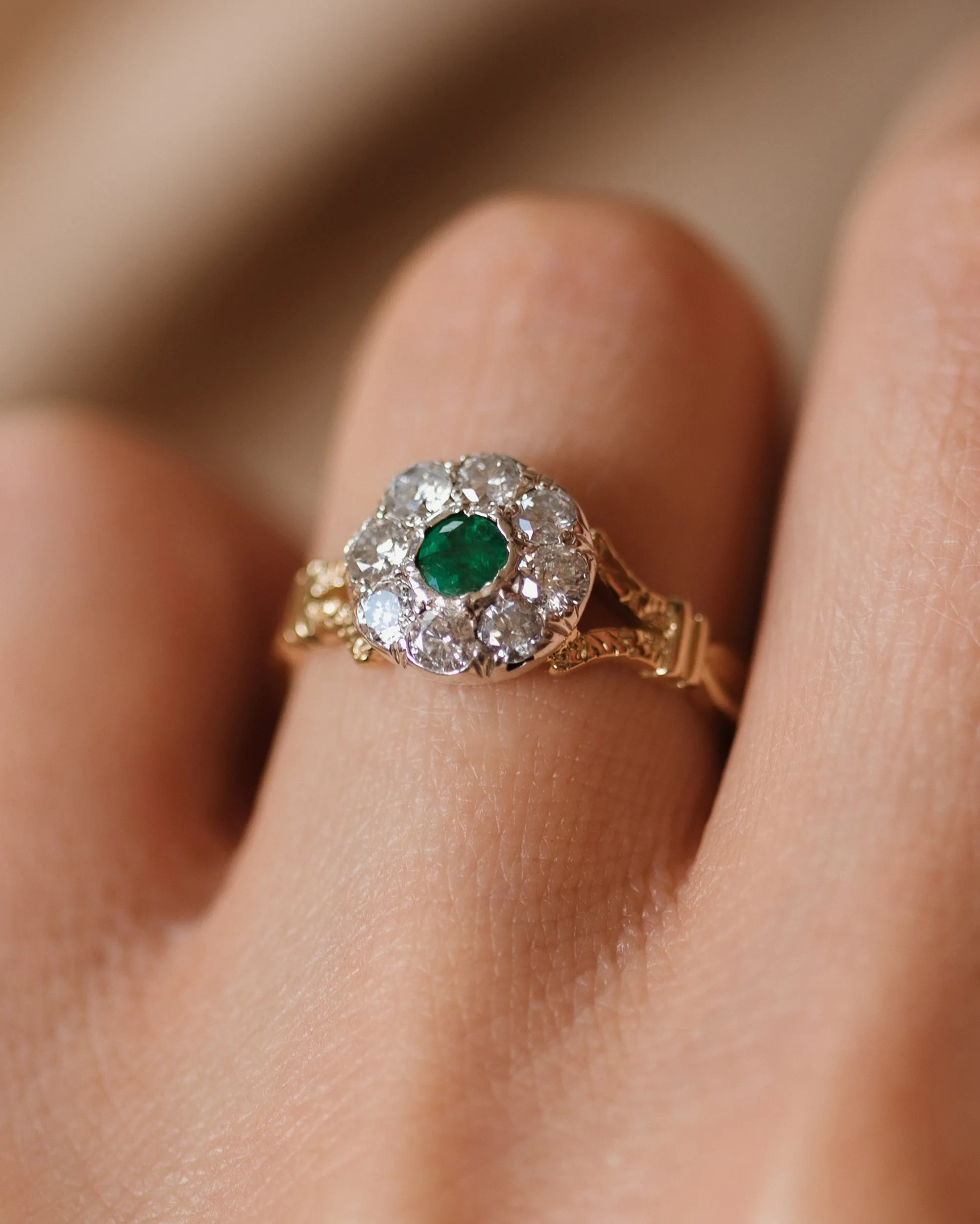 Martha Antique 18ct Gold Emerald & Diamond Cluster Ring sold by Rock n Rose product image thumbnail 3
