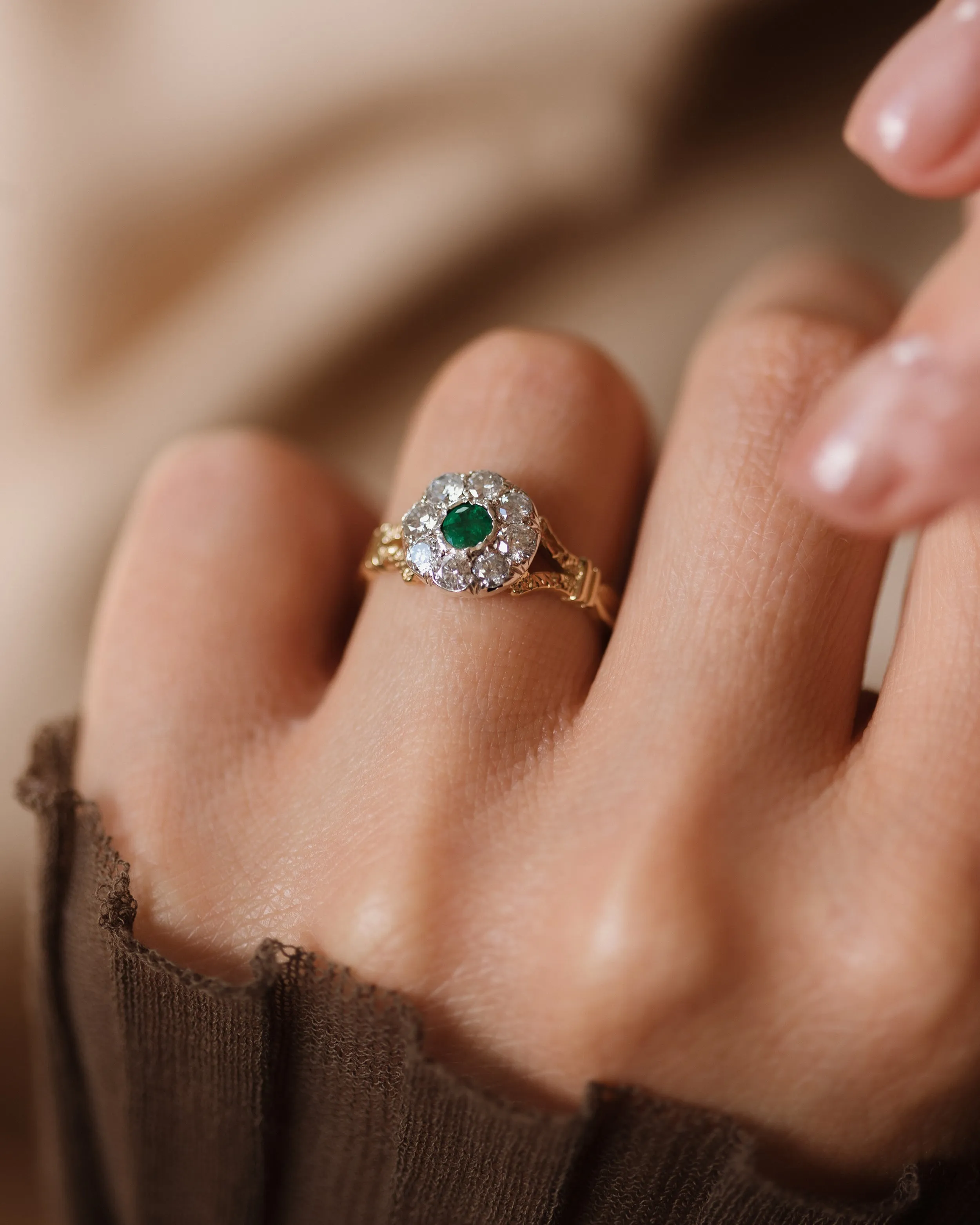 Martha Antique 18ct Gold Emerald & Diamond Cluster Ring sold by Rock n Rose