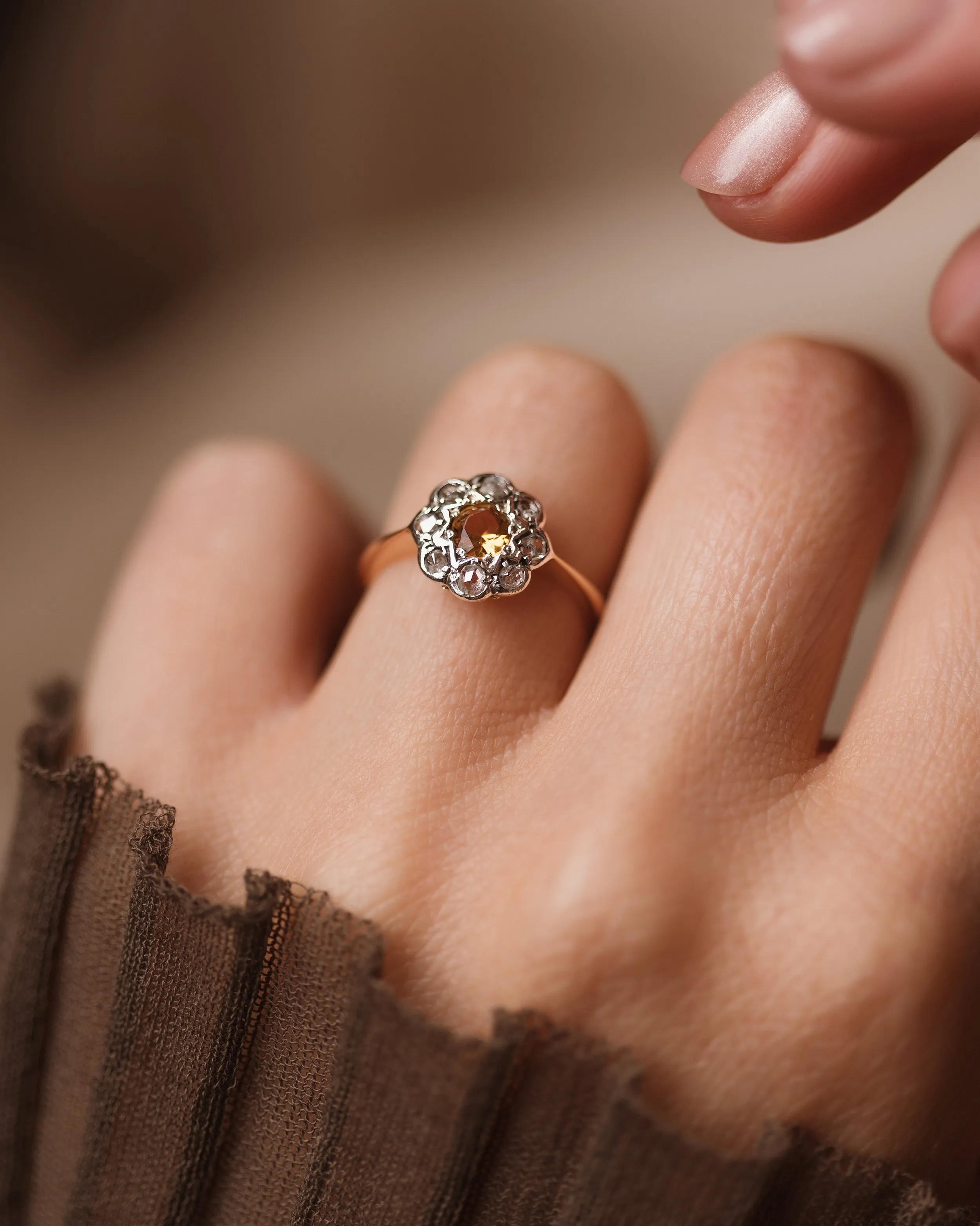 Morwenna Antique 18ct Gold Citrine & Diamond Cluster Ring sold by Rock n Rose