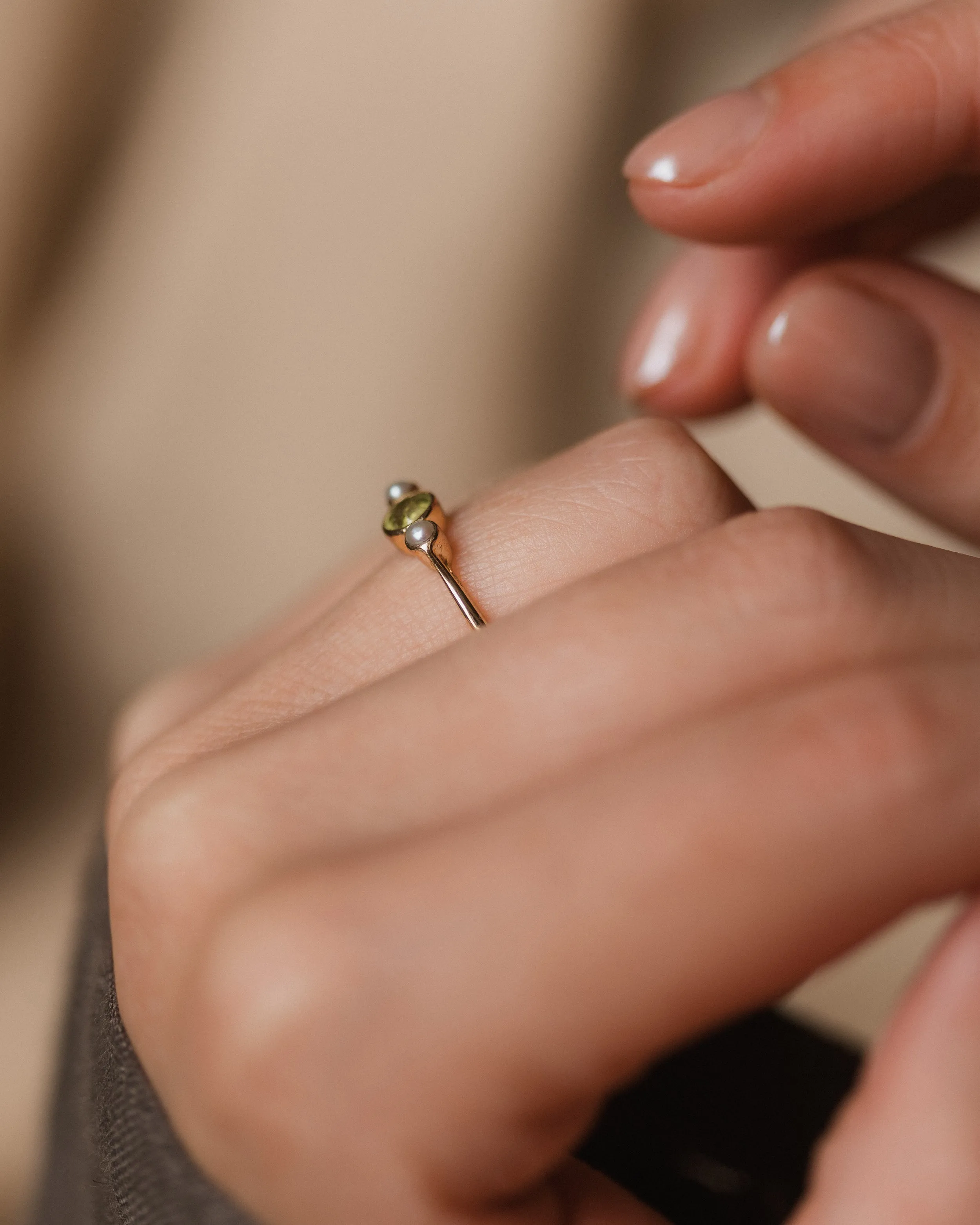 Nina Vintage 9ct Gold Peridot & Pearl Trilogy Ring sold by Rock n Rose product image thumbnail 4