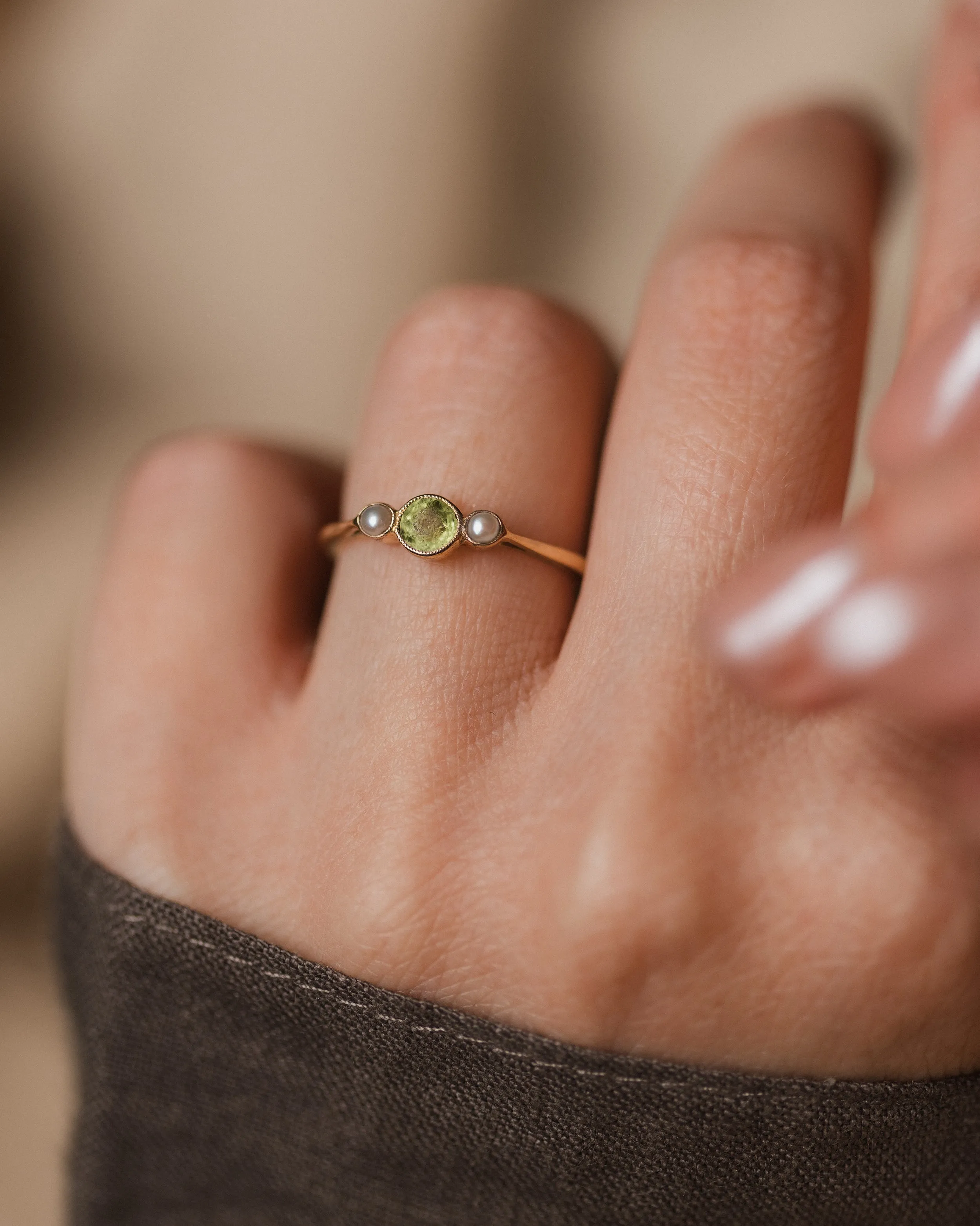Nina Vintage 9ct Gold Peridot & Pearl Trilogy Ring sold by Rock n Rose product image thumbnail 2