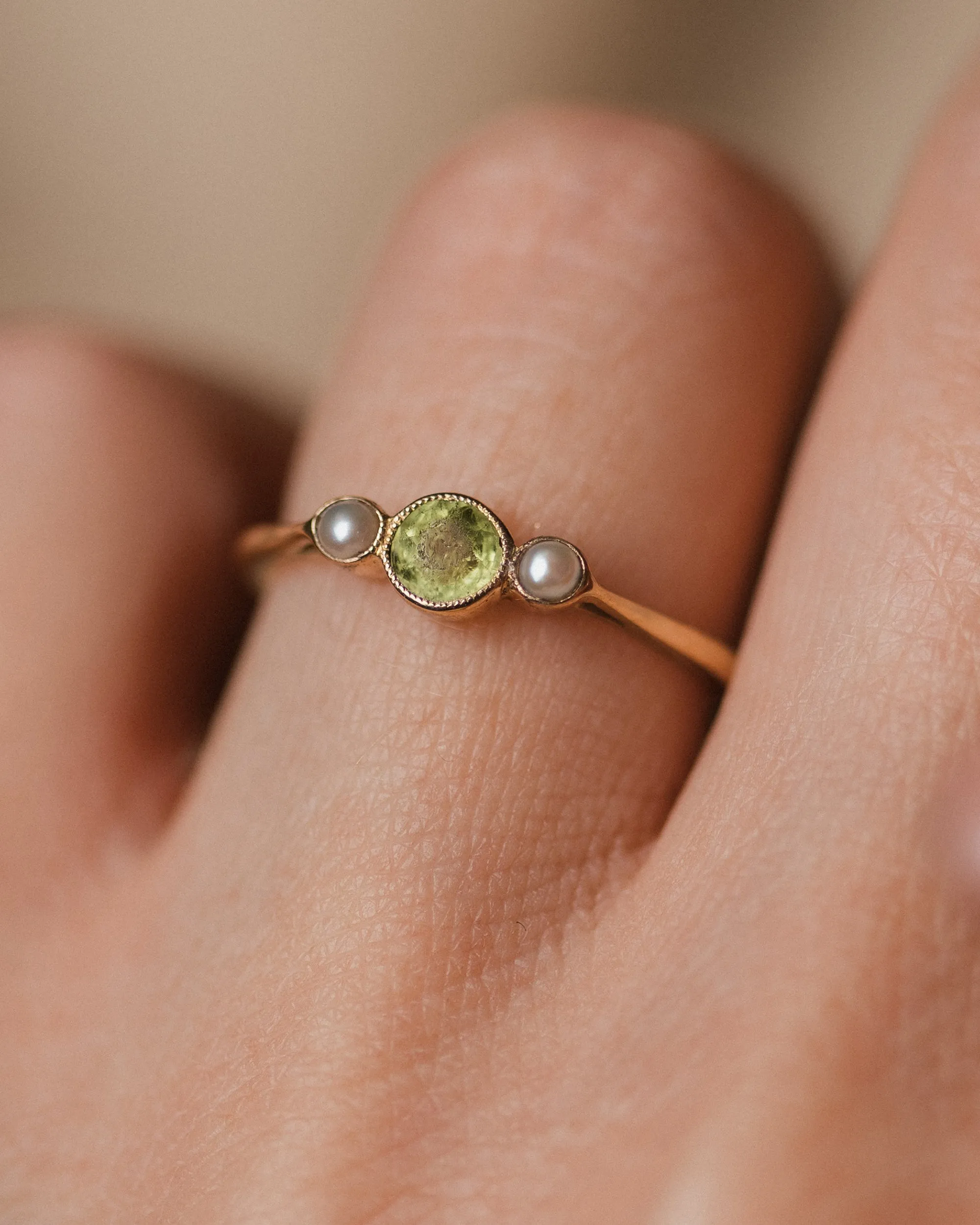Nina Vintage 9ct Gold Peridot & Pearl Trilogy Ring sold by Rock n Rose product image thumbnail 3