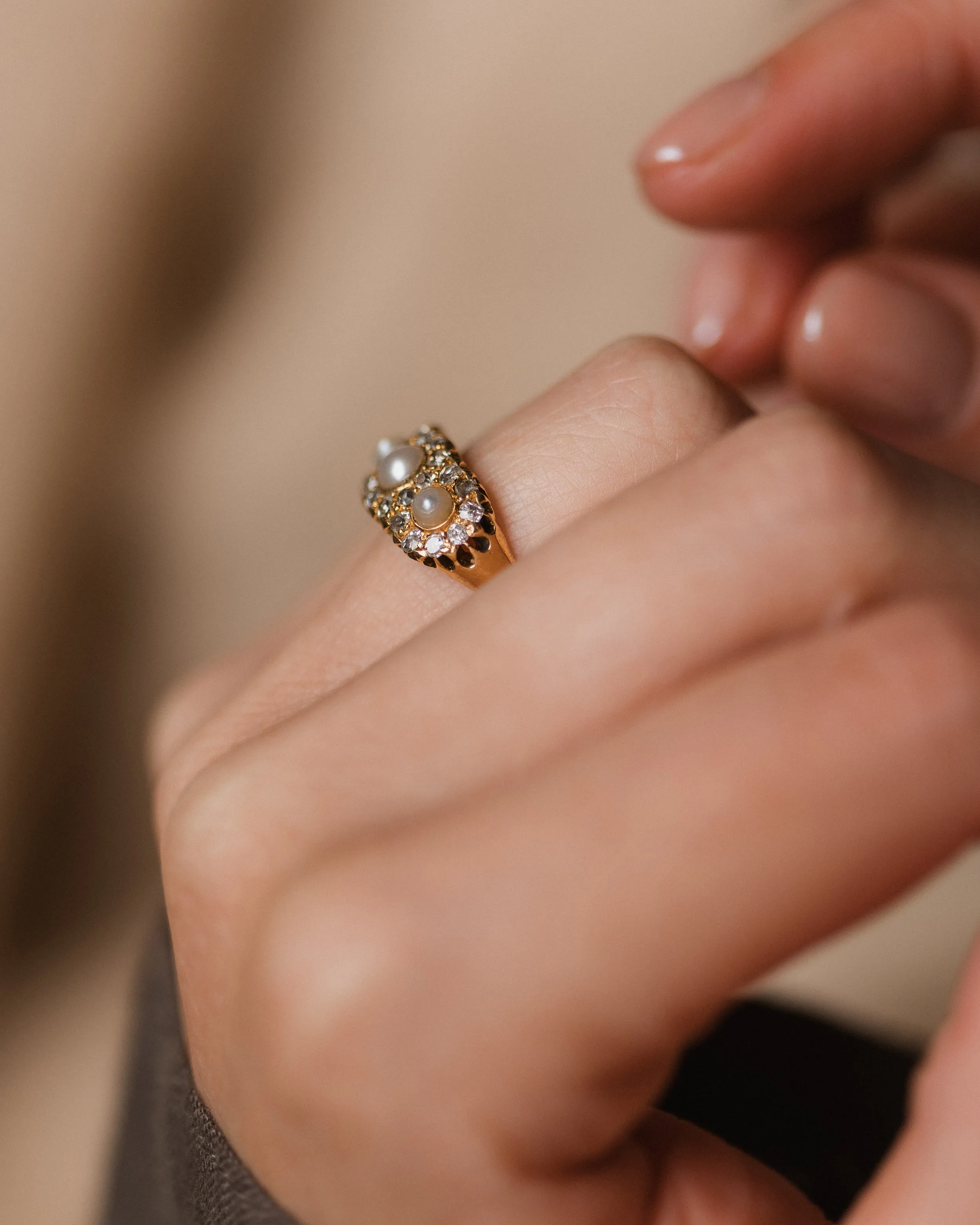 Temperance 1890 Antique 18ct Gold Pearl & Diamond Cluster Ring sold by Rock n Rose product image thumbnail 4