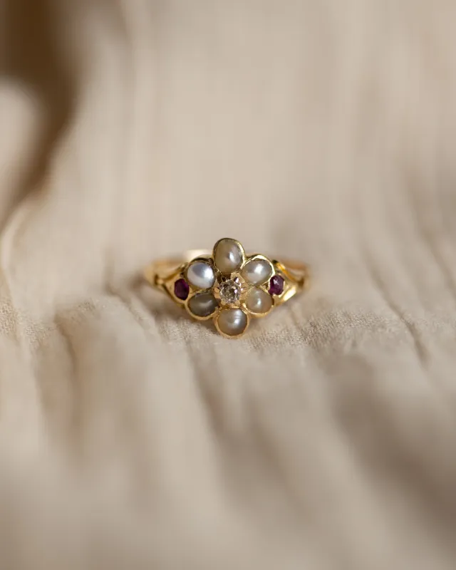 Ernestine Antique 18ct Gold Ruby, Diamond & Pearl Cluster Ring made by Rock n Rose