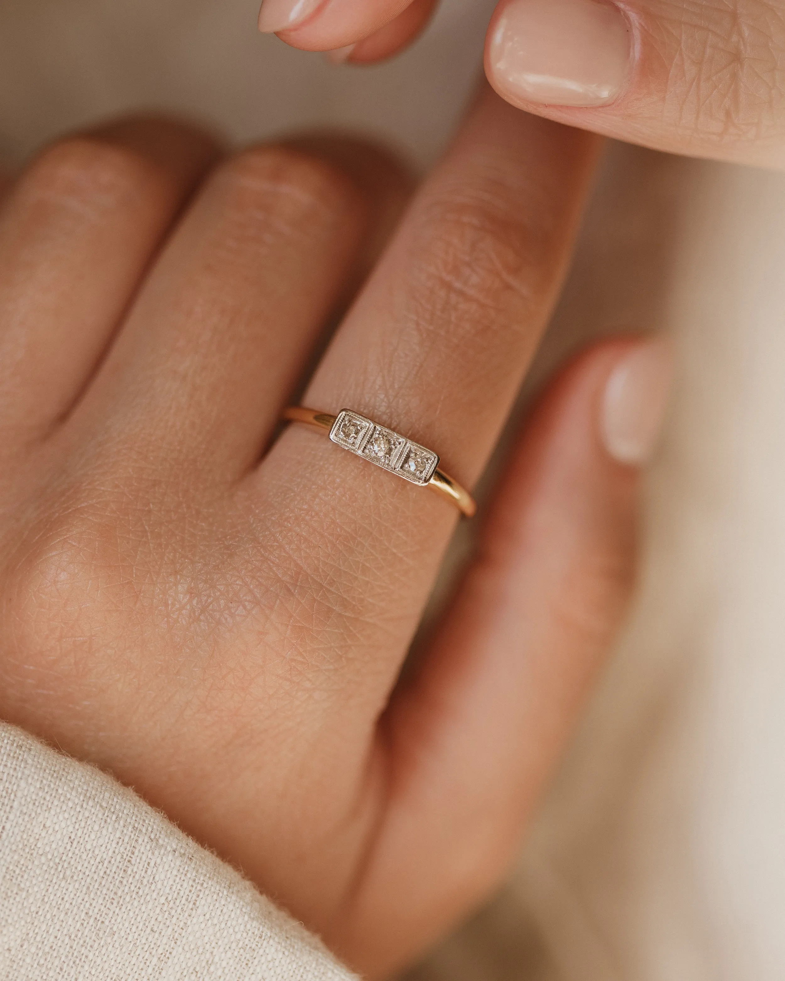 Frieda Antique Art Deco 18ct Gold Diamond Trilogy Ring sold by Rock n Rose product image thumbnail 2