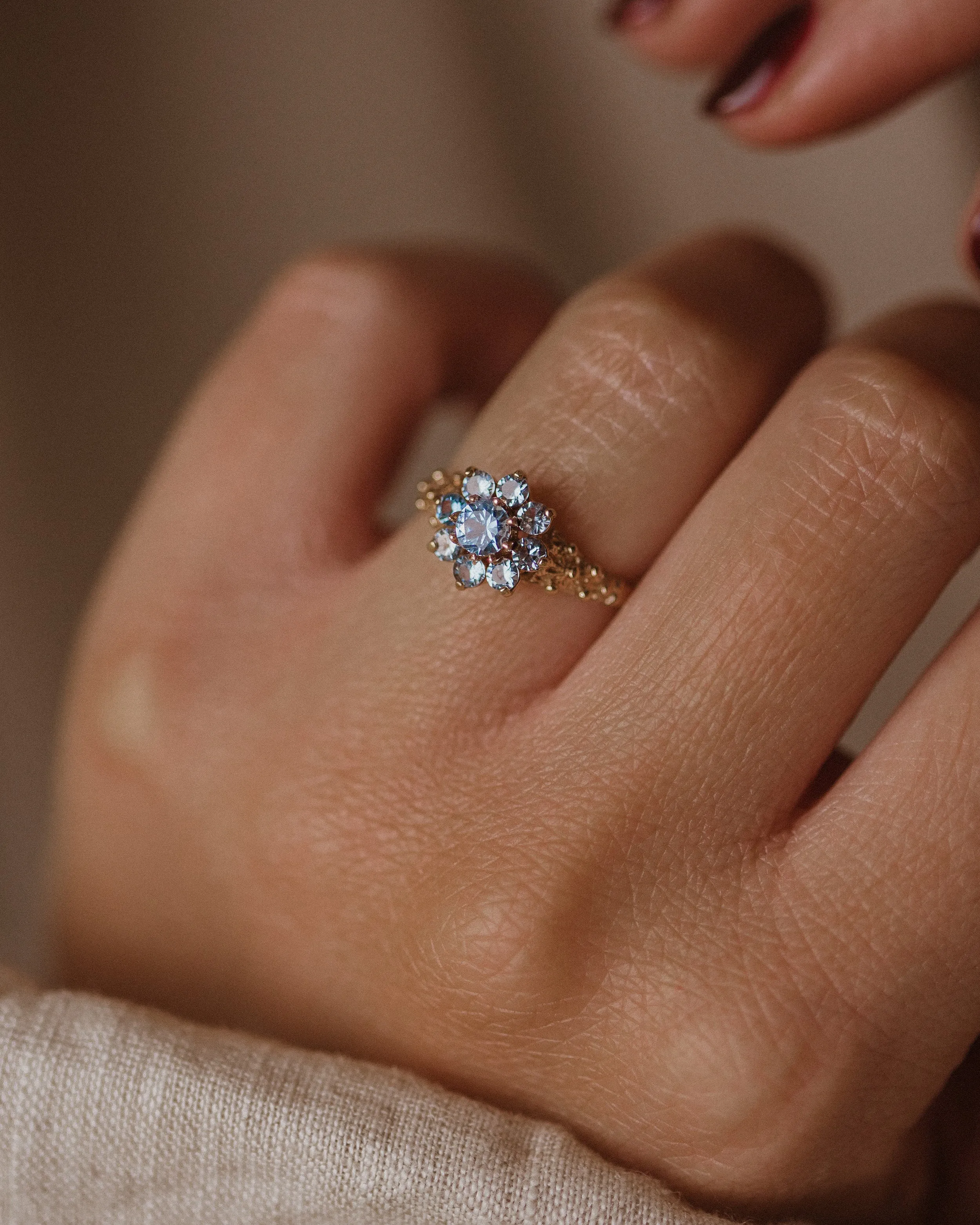 Josefina 1976 Vintage 9ct Gold Blue Spinel Cluster Ring sold by Rock n Rose