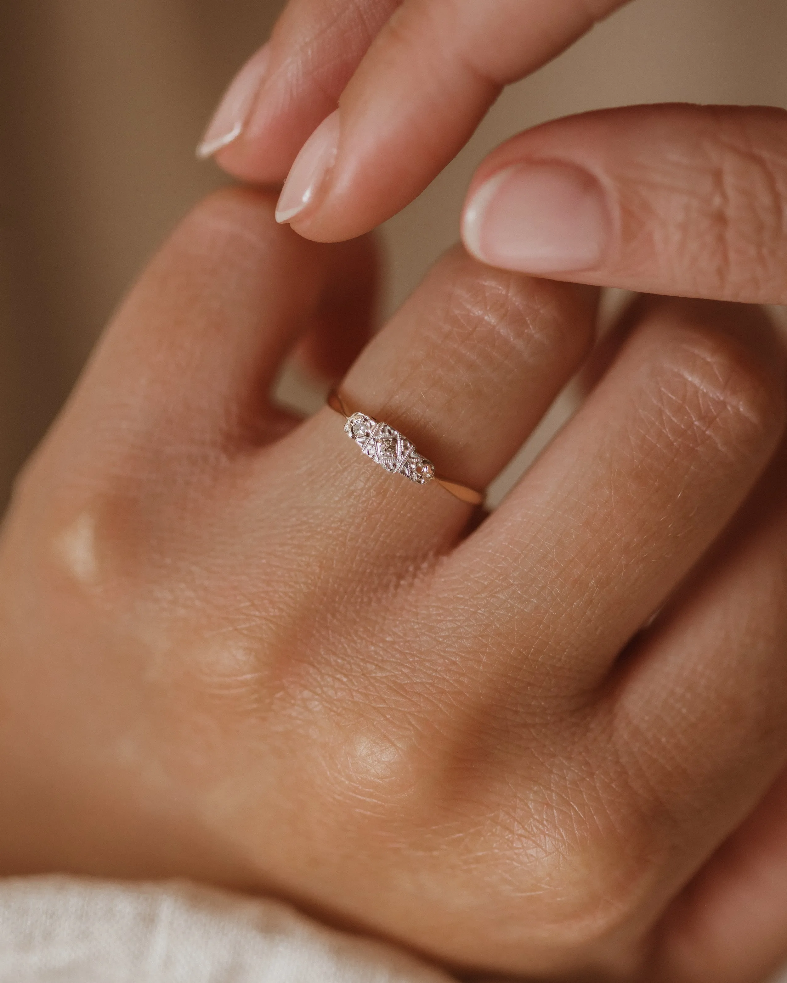 Edith Antique 9ct Gold Art Deco Diamond Trilogy Ring sold by Rock n Rose product image thumbnail 2