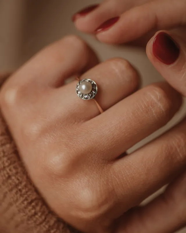 Eve Antique Edwardian 18ct Gold Pearl & Diamond Cluster Ring sold by Rock n Rose