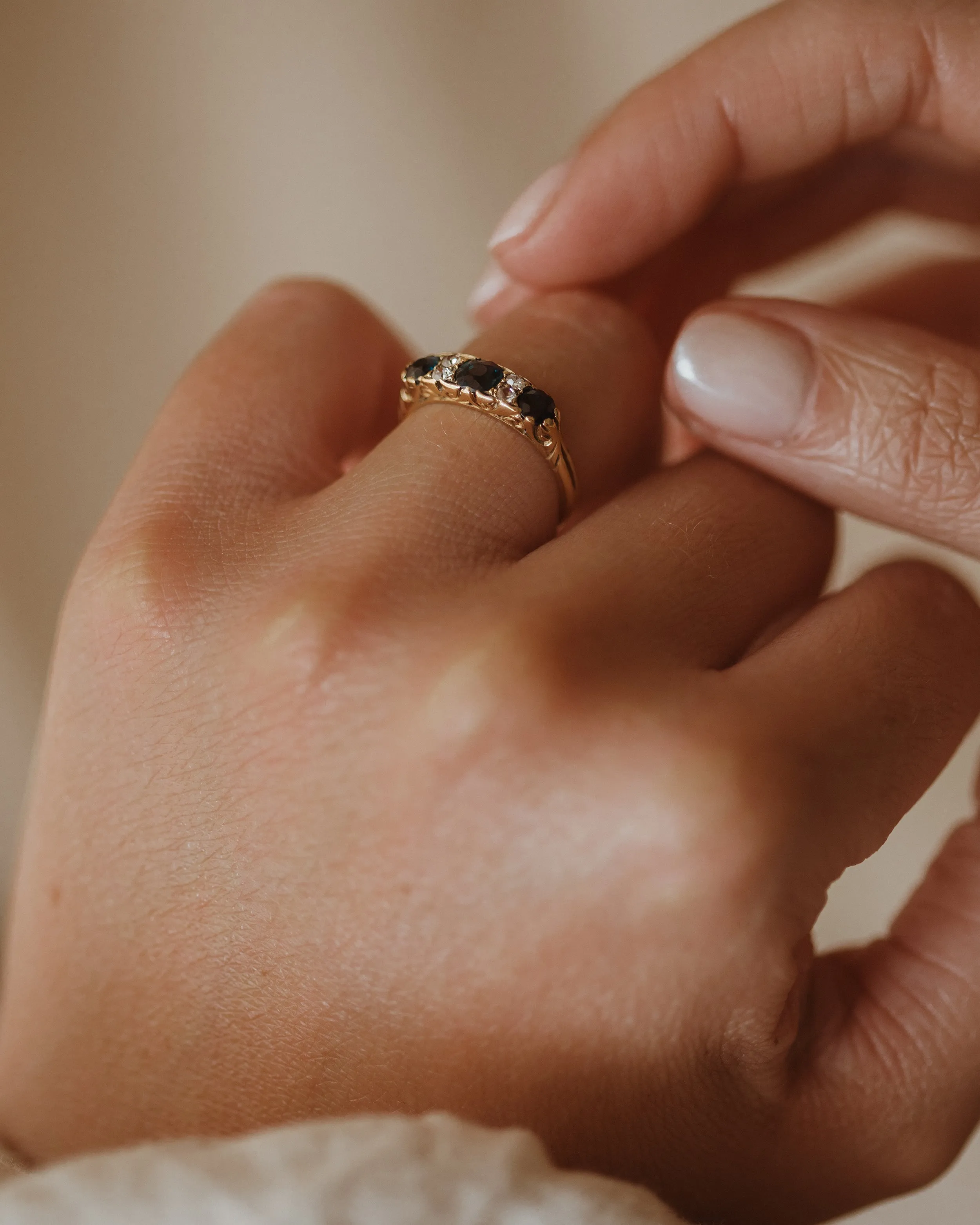 Clara Vintage 18ct Gold Sapphire & Diamond Trilogy Ring sold by Rock n Rose product image thumbnail 3