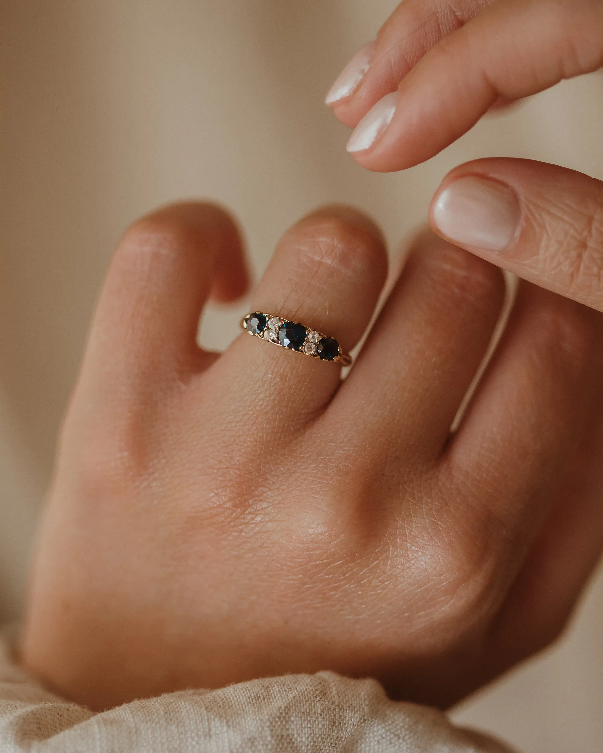 Clara Vintage 18ct Gold Sapphire & Diamond Trilogy Ring sold by Rock n Rose product image thumbnail 2