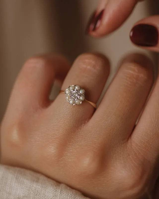 Eloisa Antique 18ct Gold Diamond & Pearl Cluster Ring sold by Rock n Rose