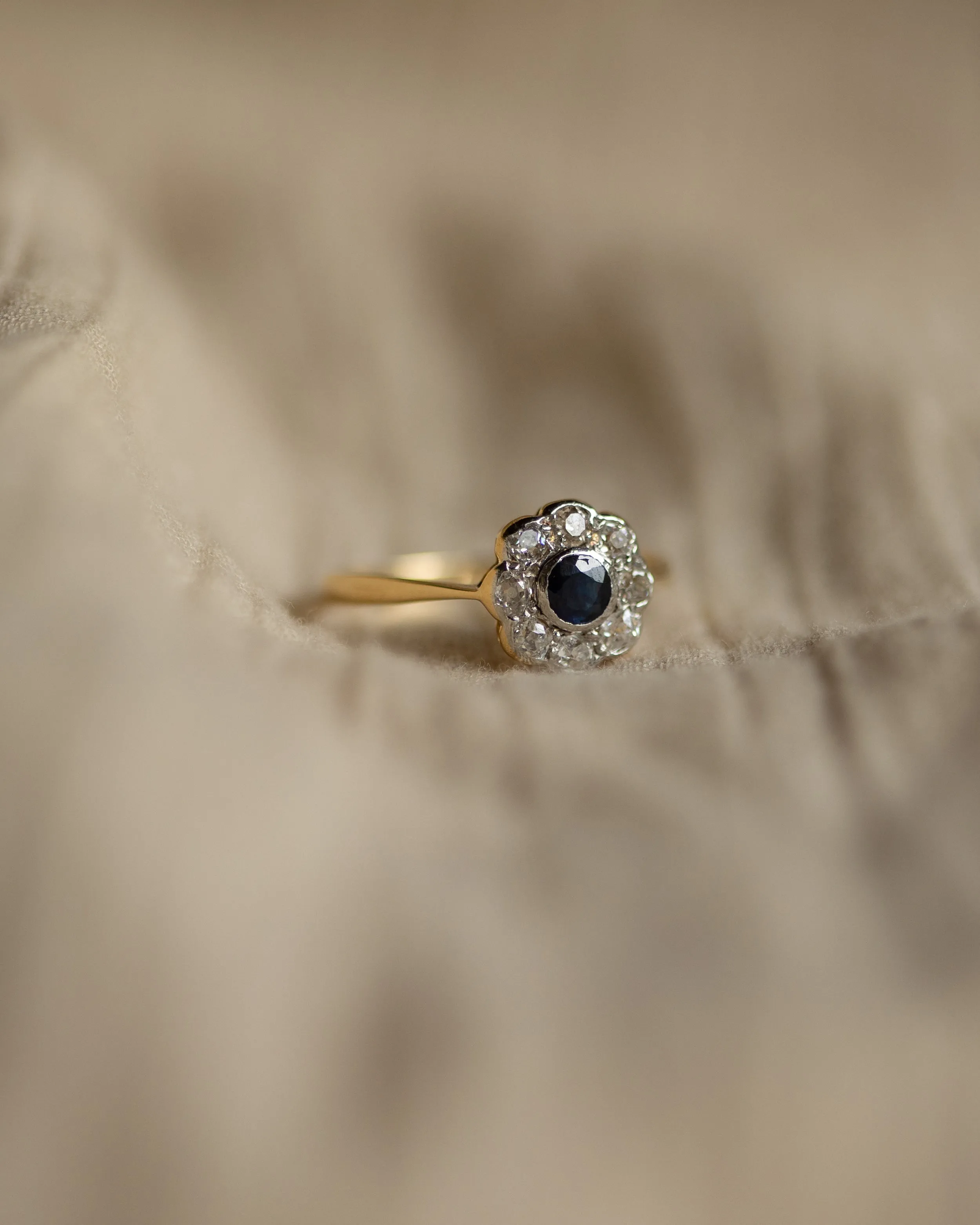 Iris Antique 18ct Gold Sapphire & Diamond Daisy Cluster Ring sold by Rock n Rose product image thumbnail 4