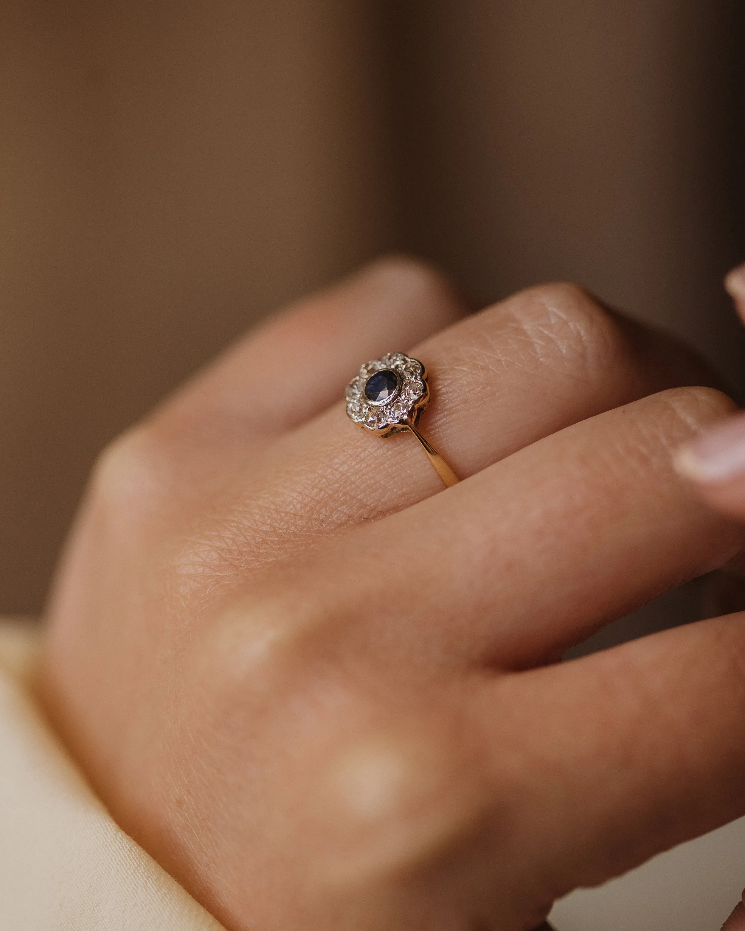 Iris Antique 18ct Gold Sapphire & Diamond Daisy Cluster Ring sold by Rock n Rose product image thumbnail 2