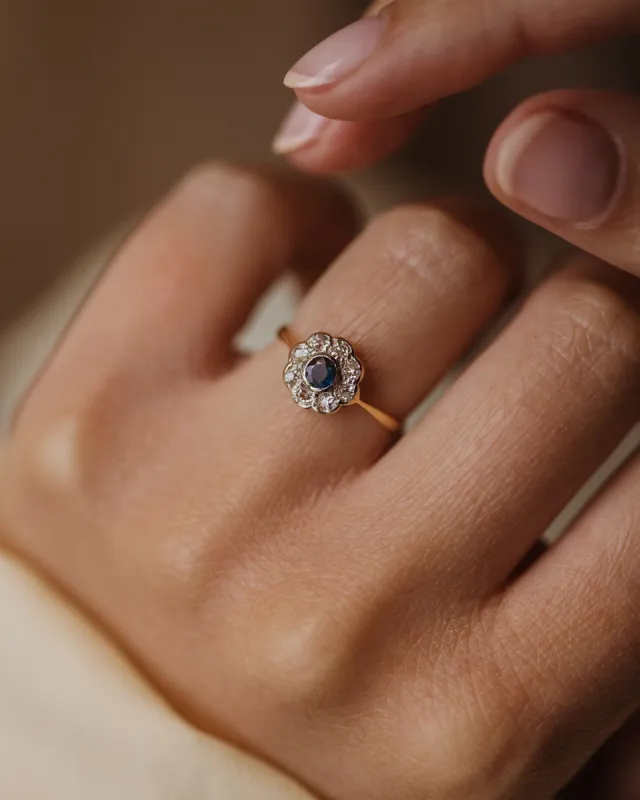 Iris Antique 18ct Gold Sapphire & Diamond Daisy Cluster Ring sold by Rock n Rose