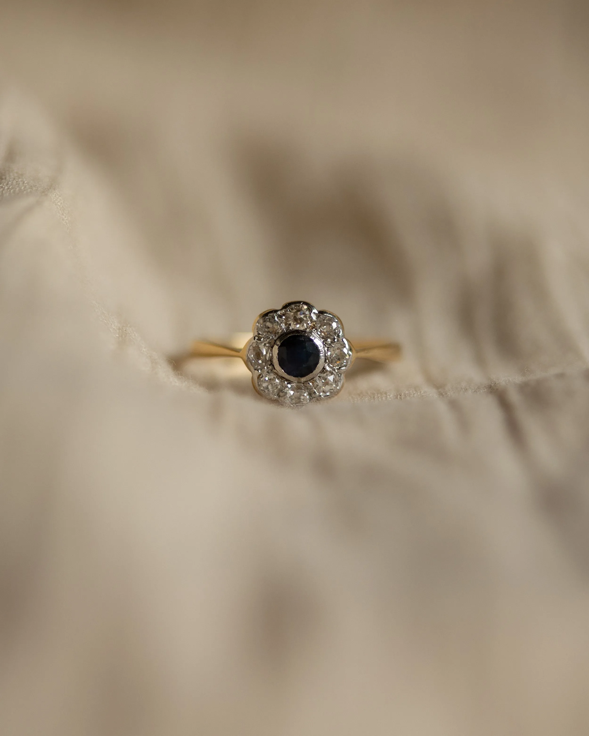 Iris Antique 18ct Gold Sapphire & Diamond Daisy Cluster Ring sold by Rock n Rose product image thumbnail 3