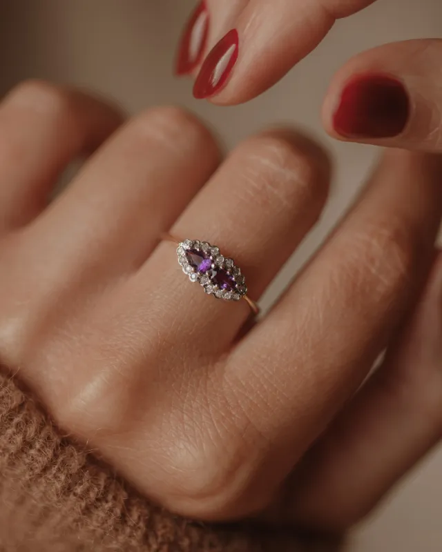 Dolores Vintage 9ct Gold Amethyst & Diamond Cluster Ring sold by Rock n Rose