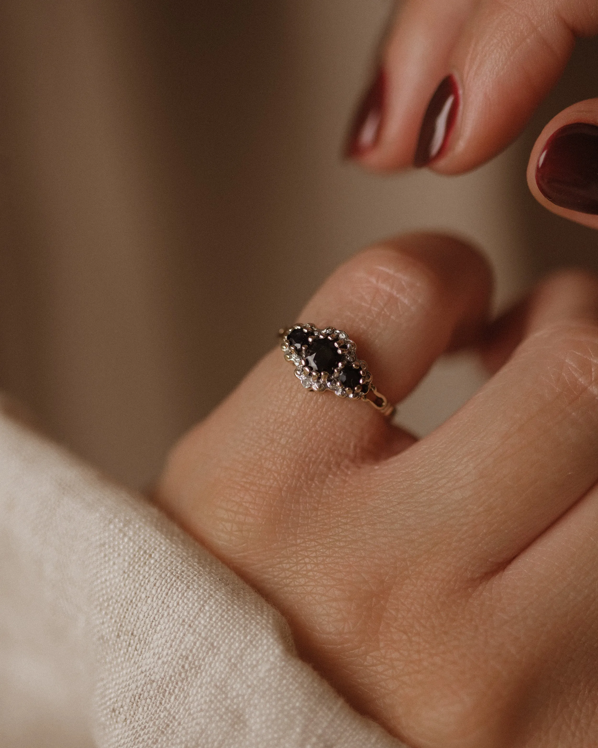 Mavis 1973 Vintage 9ct Gold Sapphire & Diamond Cluster Ring sold by Rock n Rose