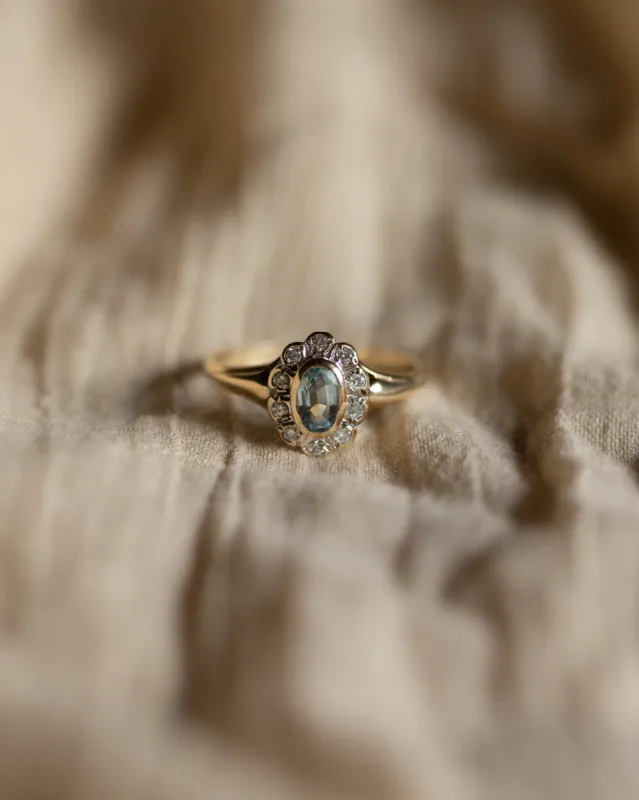 Felicity Vintage 9ct Gold Aquamarine & Diamond Flower Cluster Ring sold by Rock n Rose