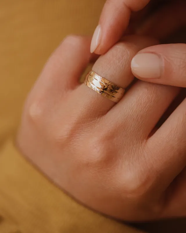 Celia 1974 9ct Gold Patterned Band Ring sold by Rock n Rose