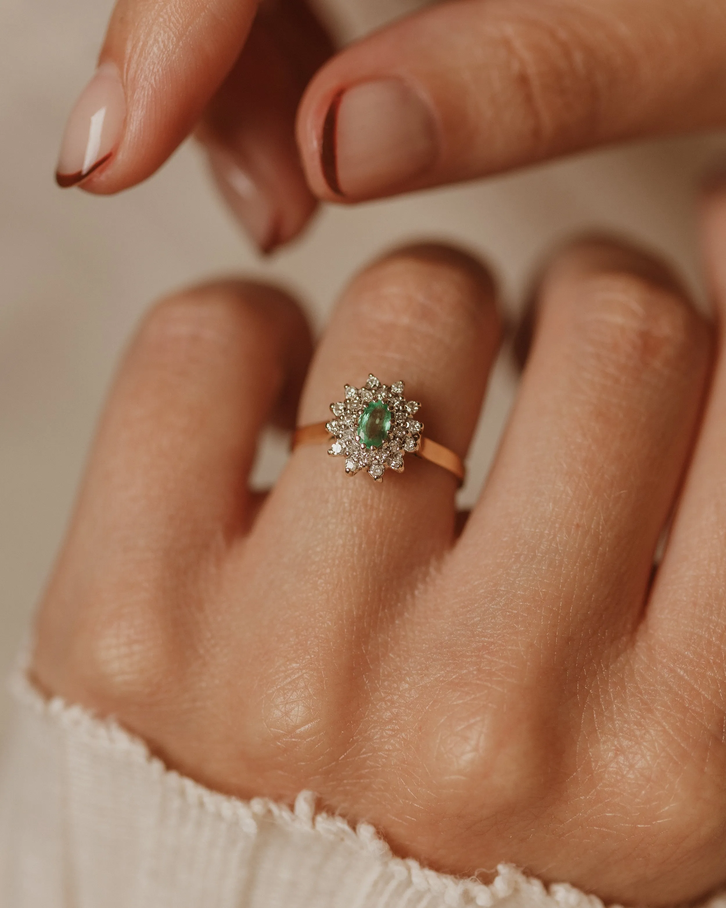 Rowan 1984 Vintage 9ct Gold Emerald & Diamond Cluster Ring sold by Rock n Rose