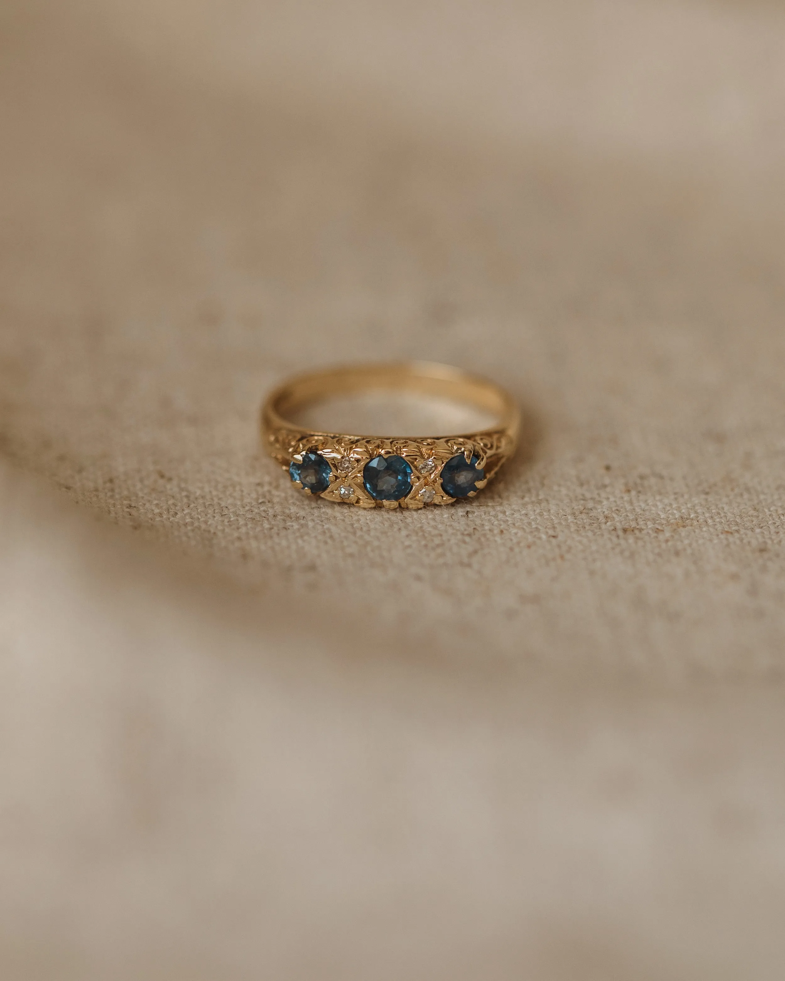 Jemima Vintage 9ct Gold Sapphire & Diamond Trilogy Ring sold by Rock n Rose